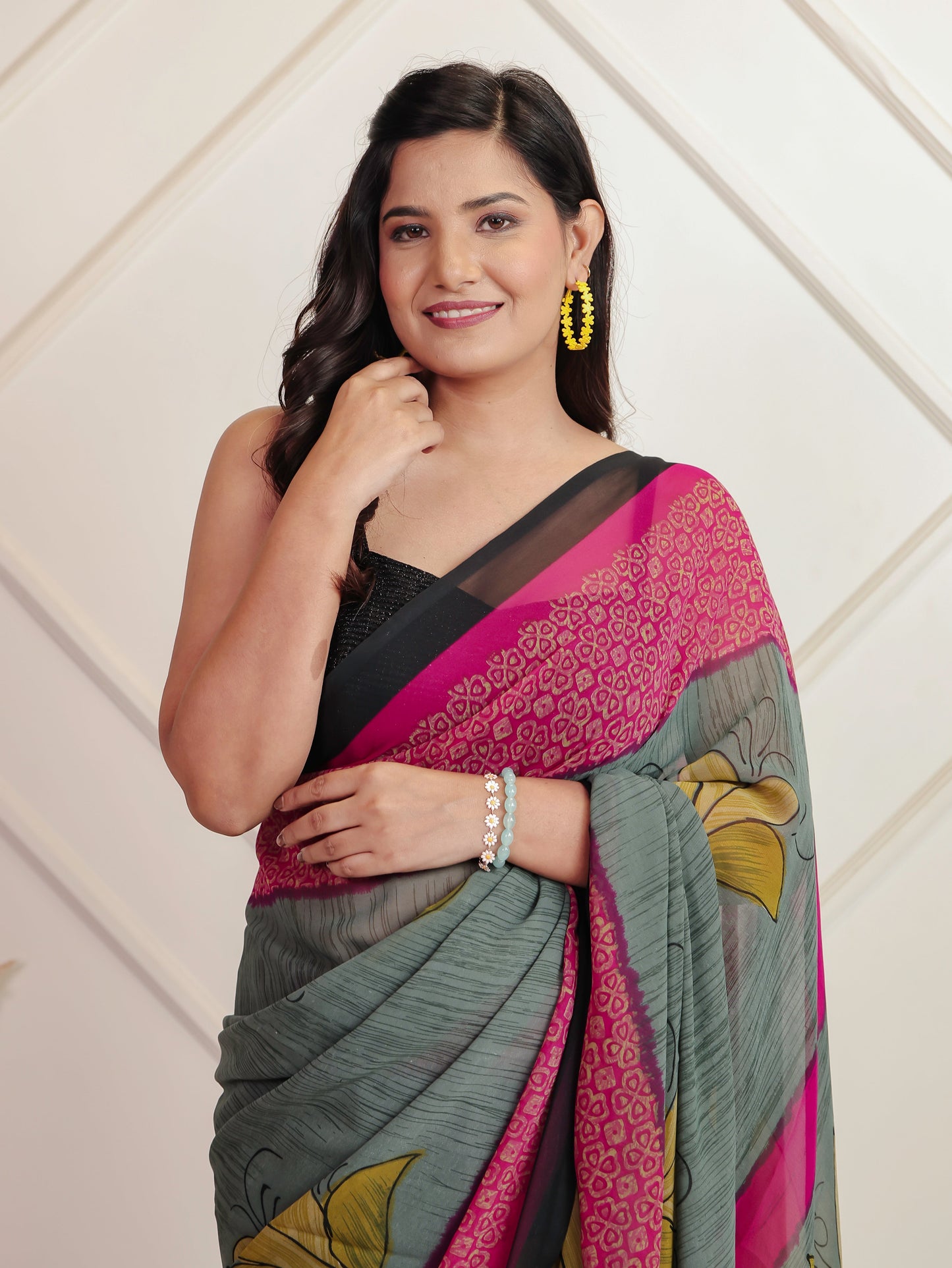 Chiffon Floral Grey Saree