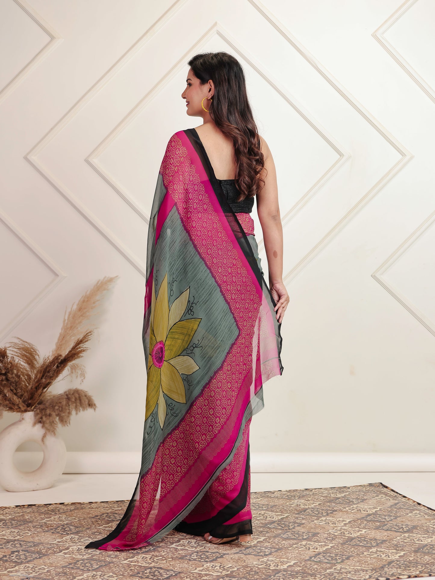 Chiffon Floral Grey Saree