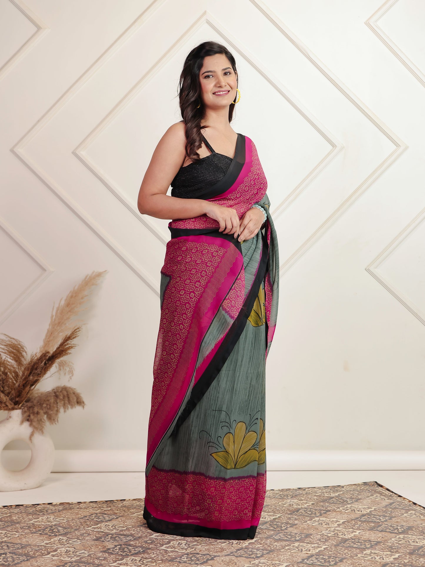 Chiffon Floral Grey Saree
