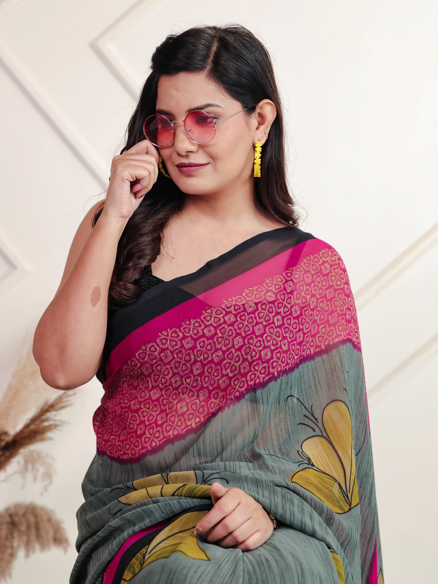 Chiffon Floral Grey Saree