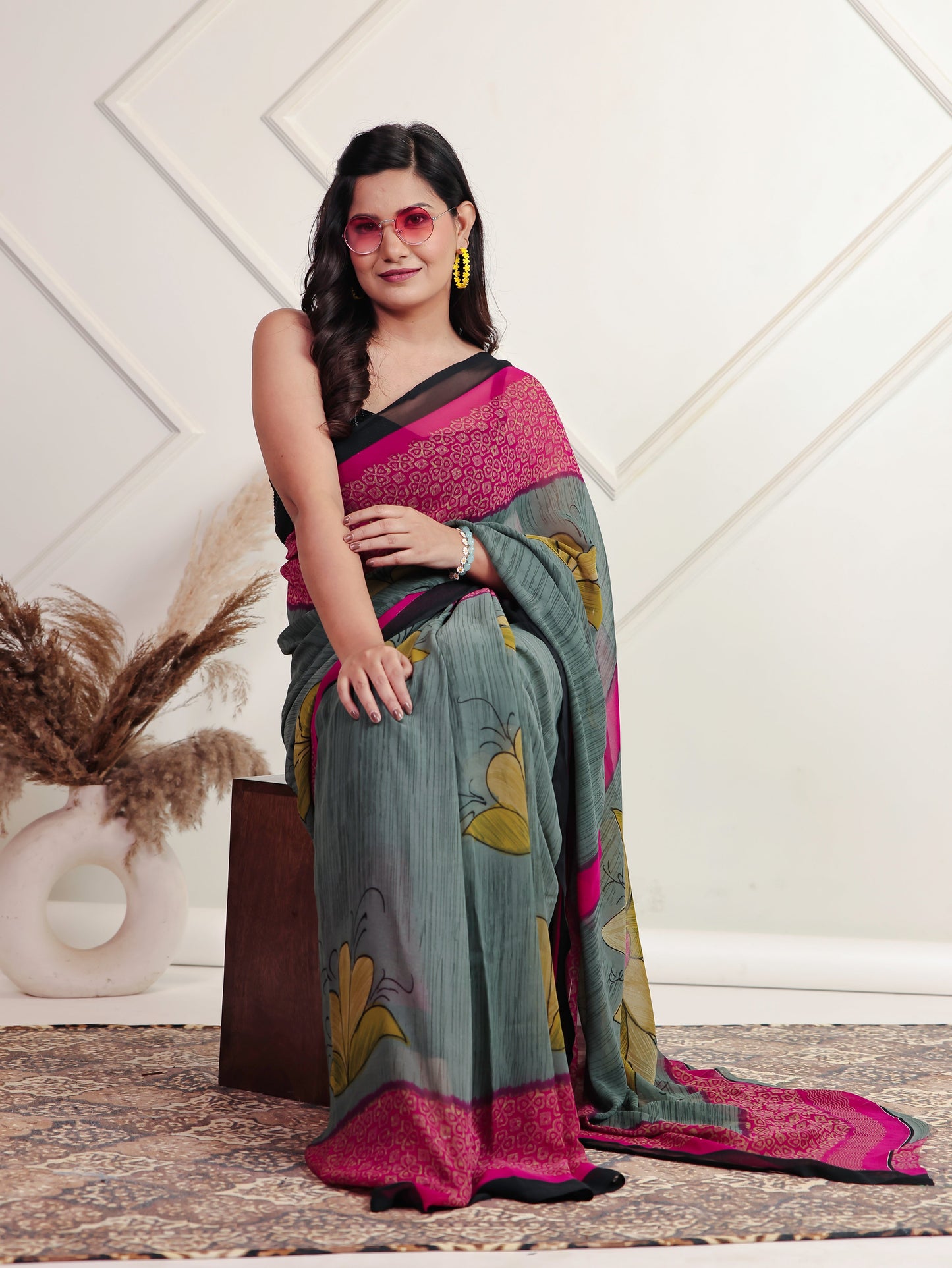 Chiffon Floral Grey Saree