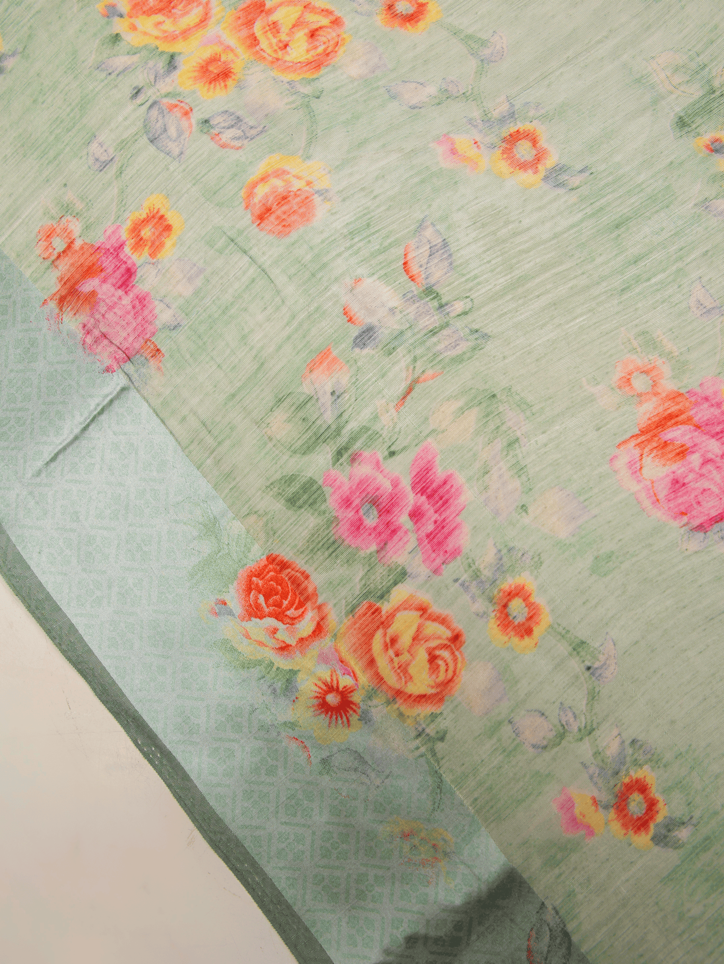 Linen Cotton Floral Sage Green Saree