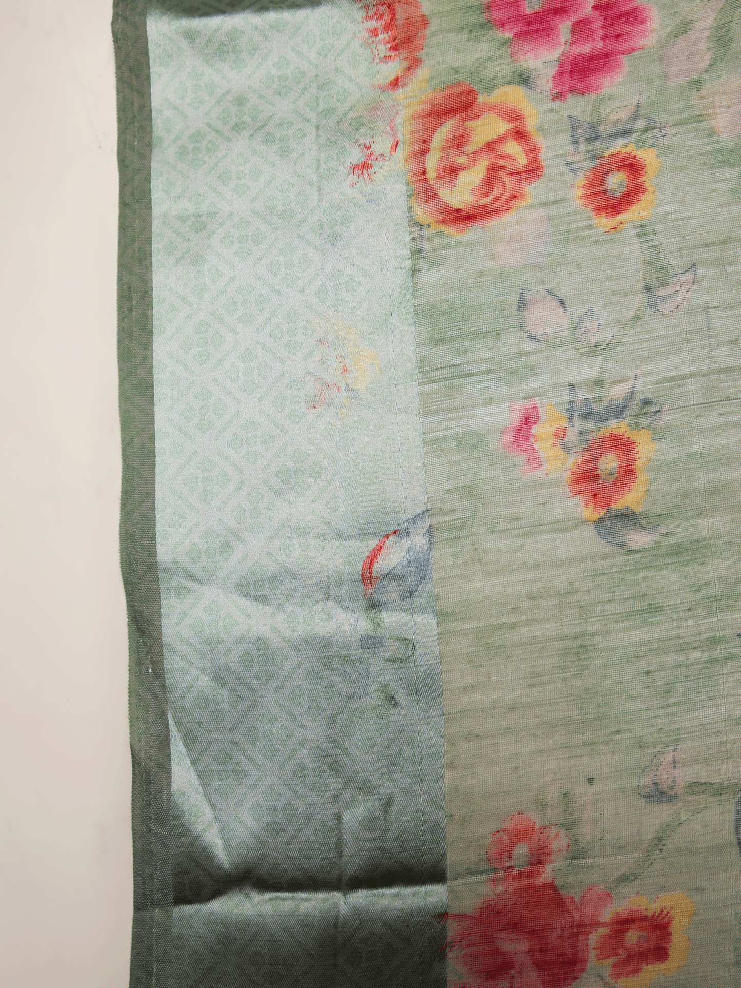 Linen Cotton Floral Sage Green Saree