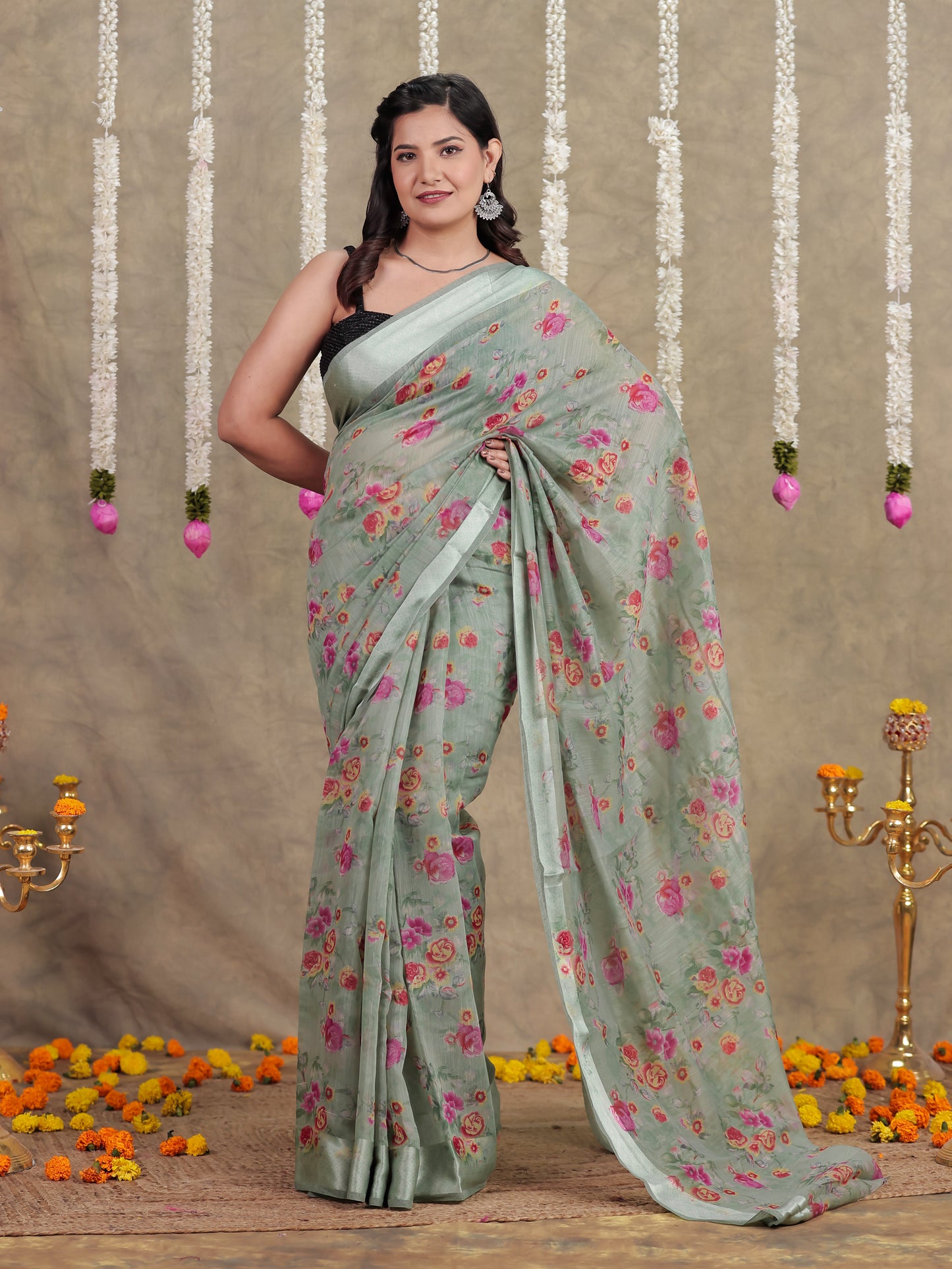 Linen Cotton Floral Sage Green Saree