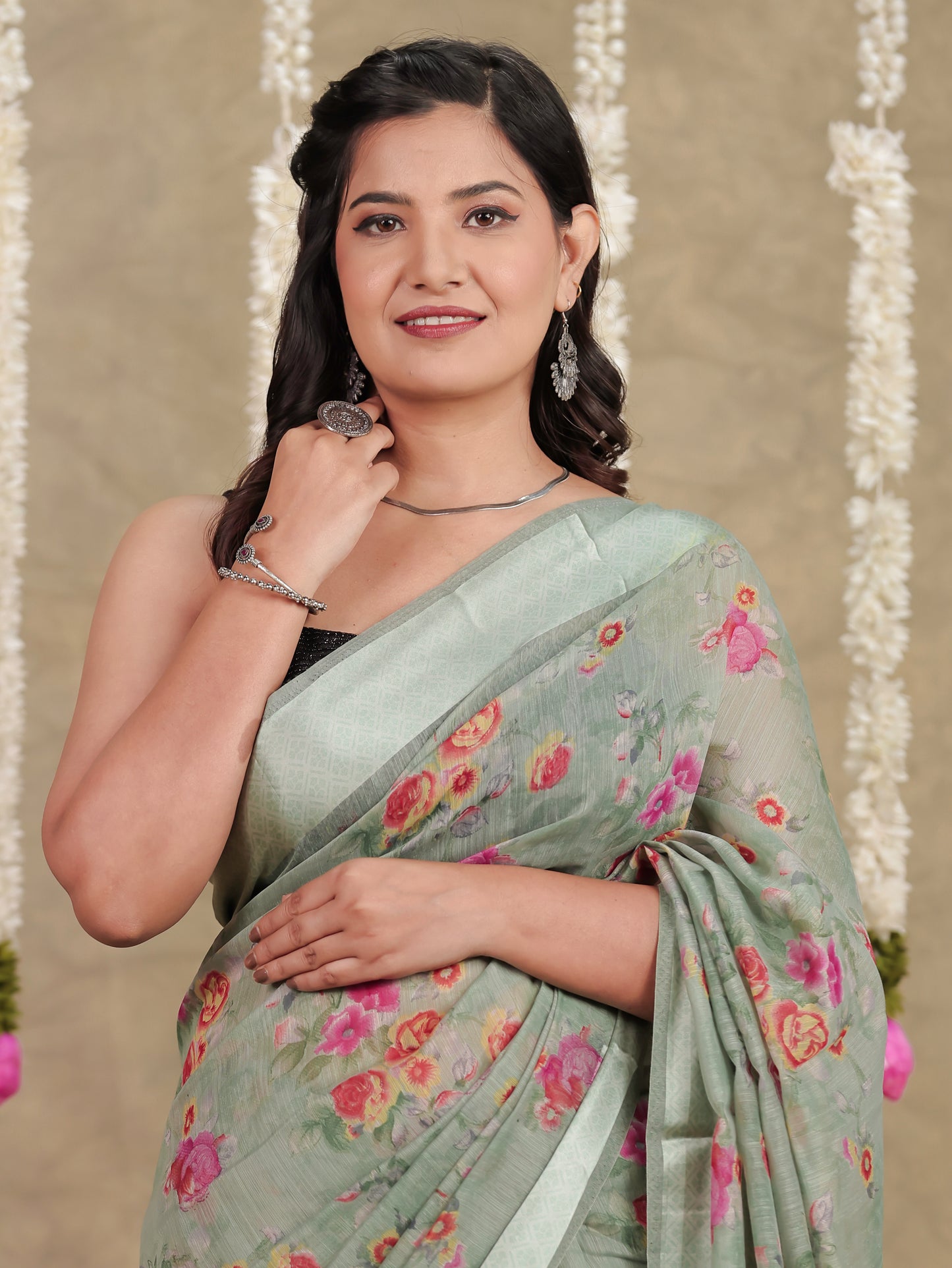 Linen Cotton Floral Sage Green Saree