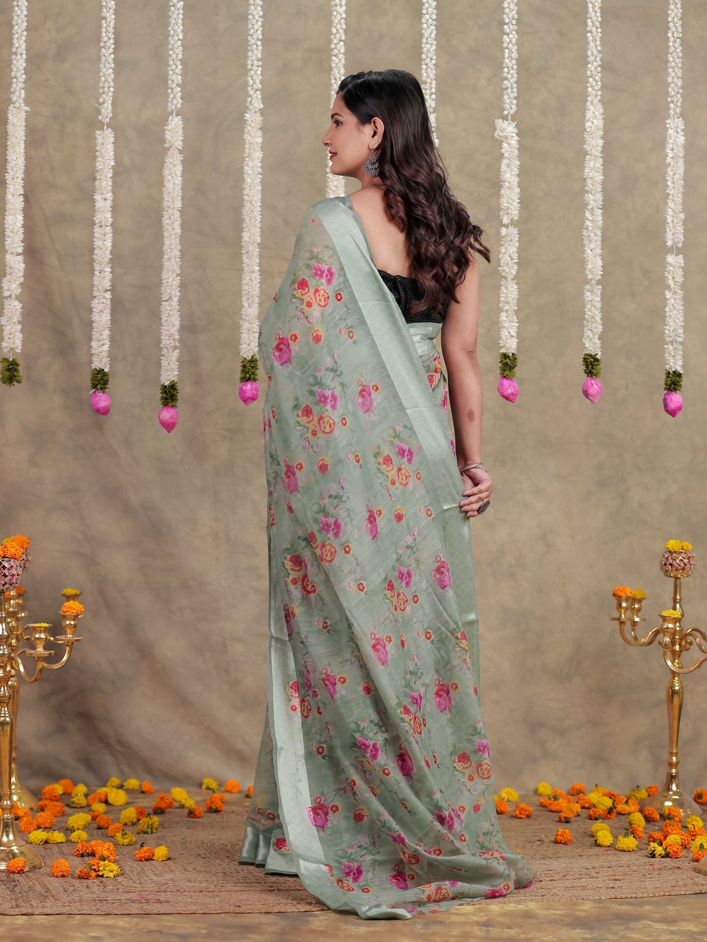 Linen Cotton Floral Sage Green Saree
