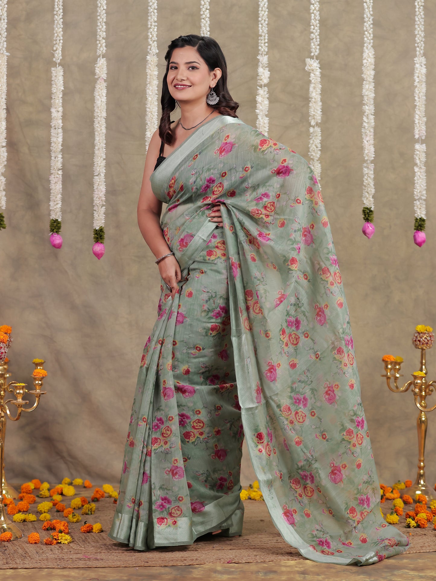 Linen Cotton Floral Sage Green Saree