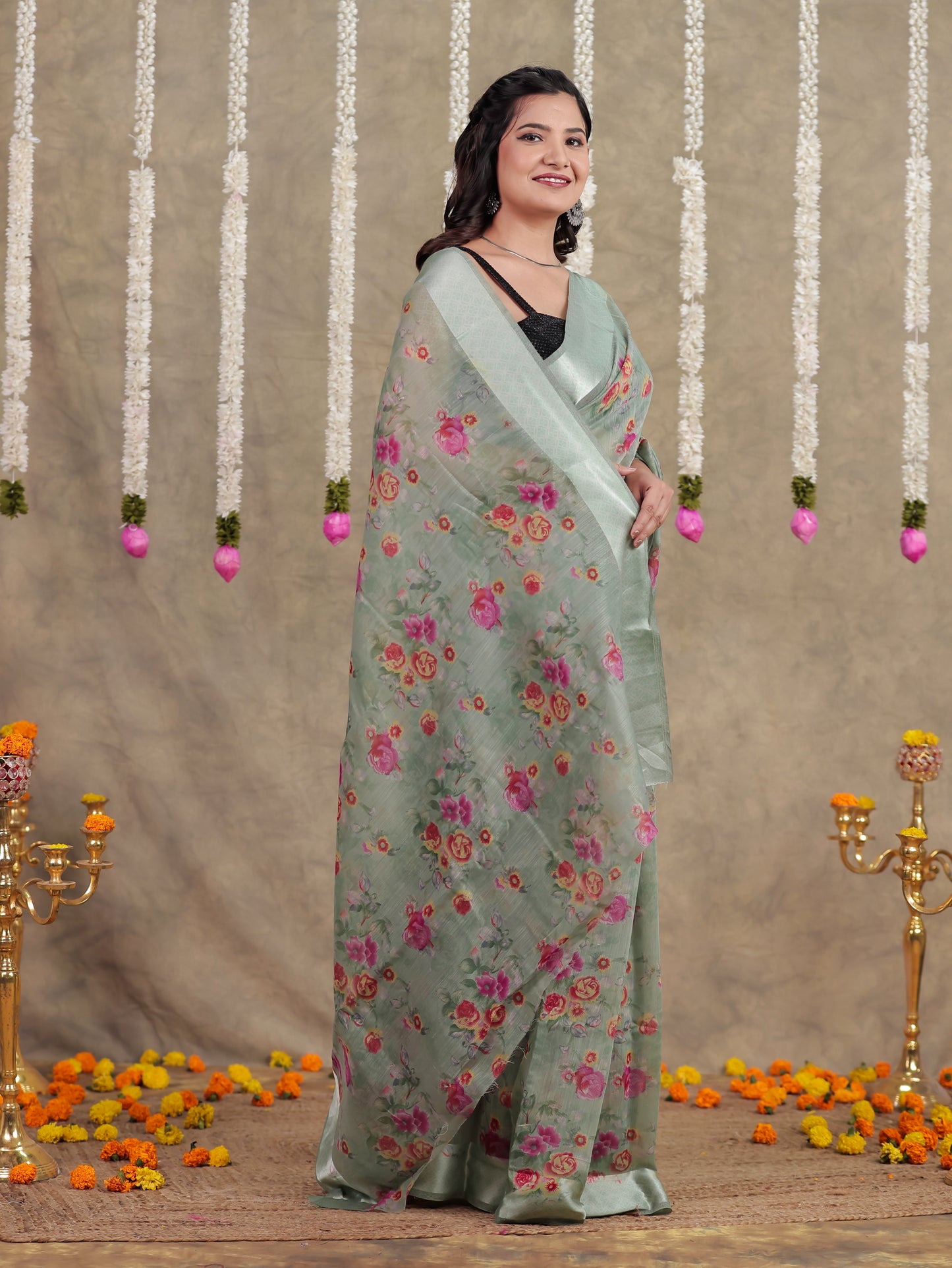 Linen Cotton Floral Sage Green Saree