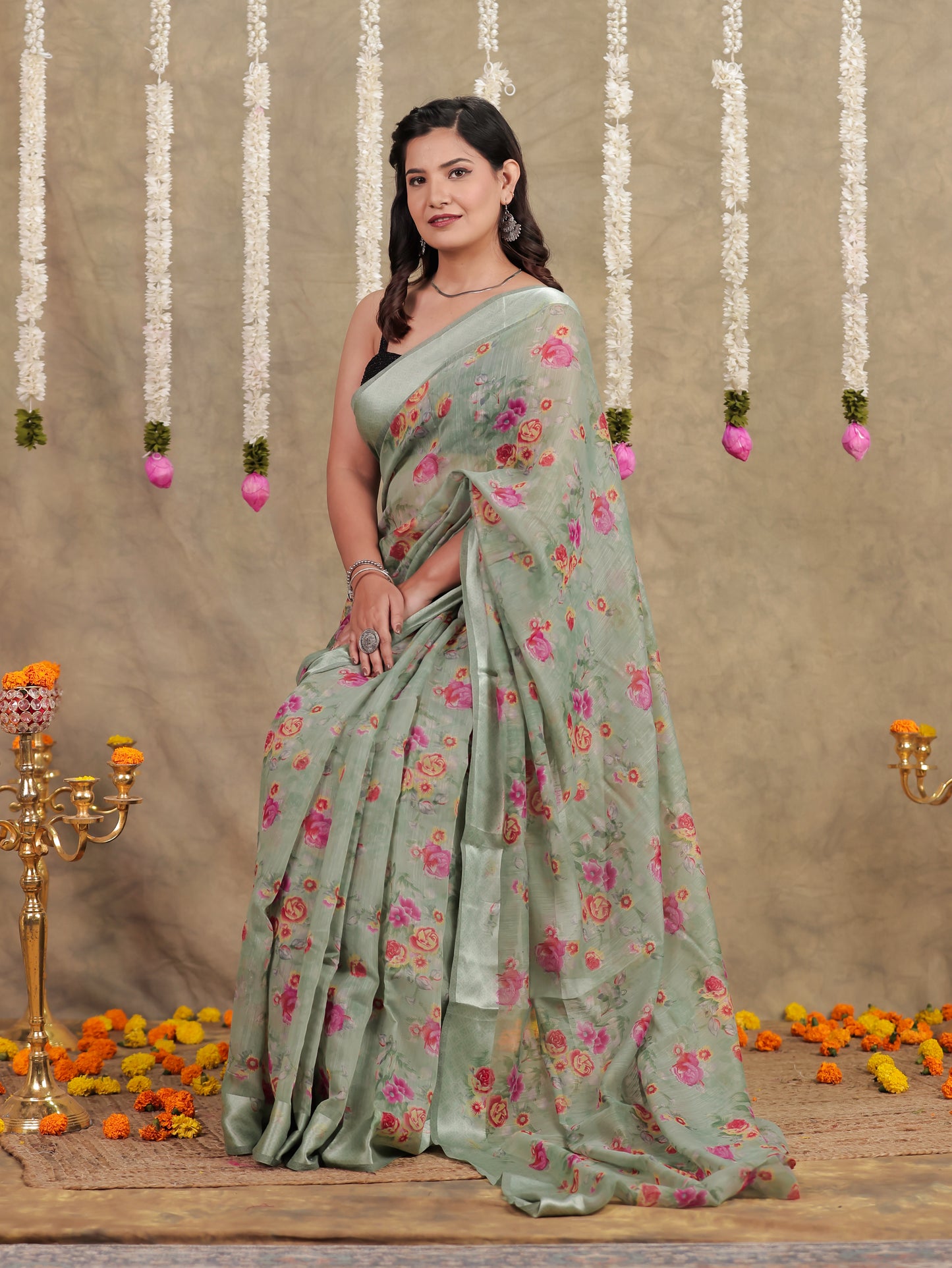 Linen Cotton Floral Sage Green Saree