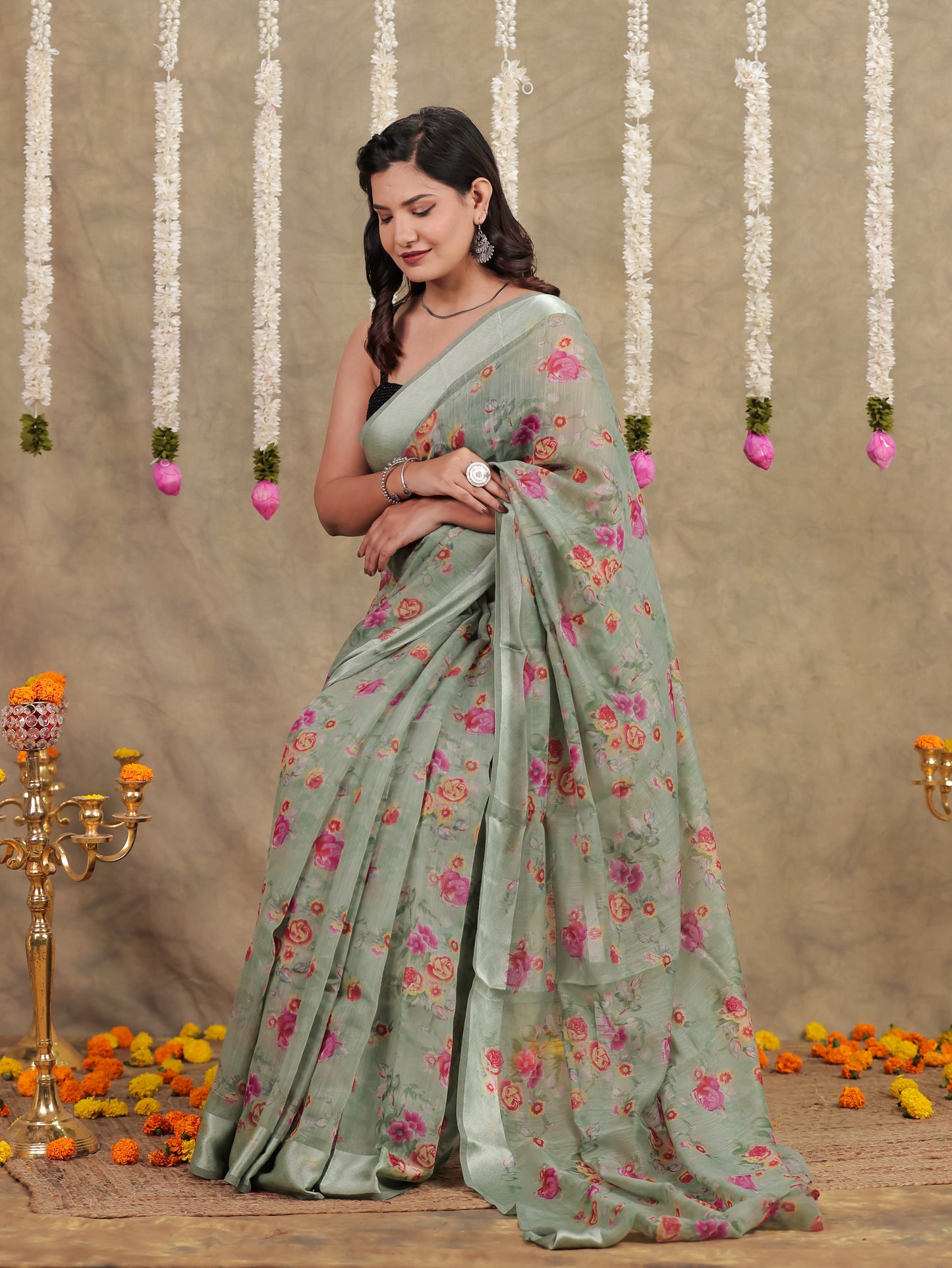 Linen Cotton Floral Sage Green Saree