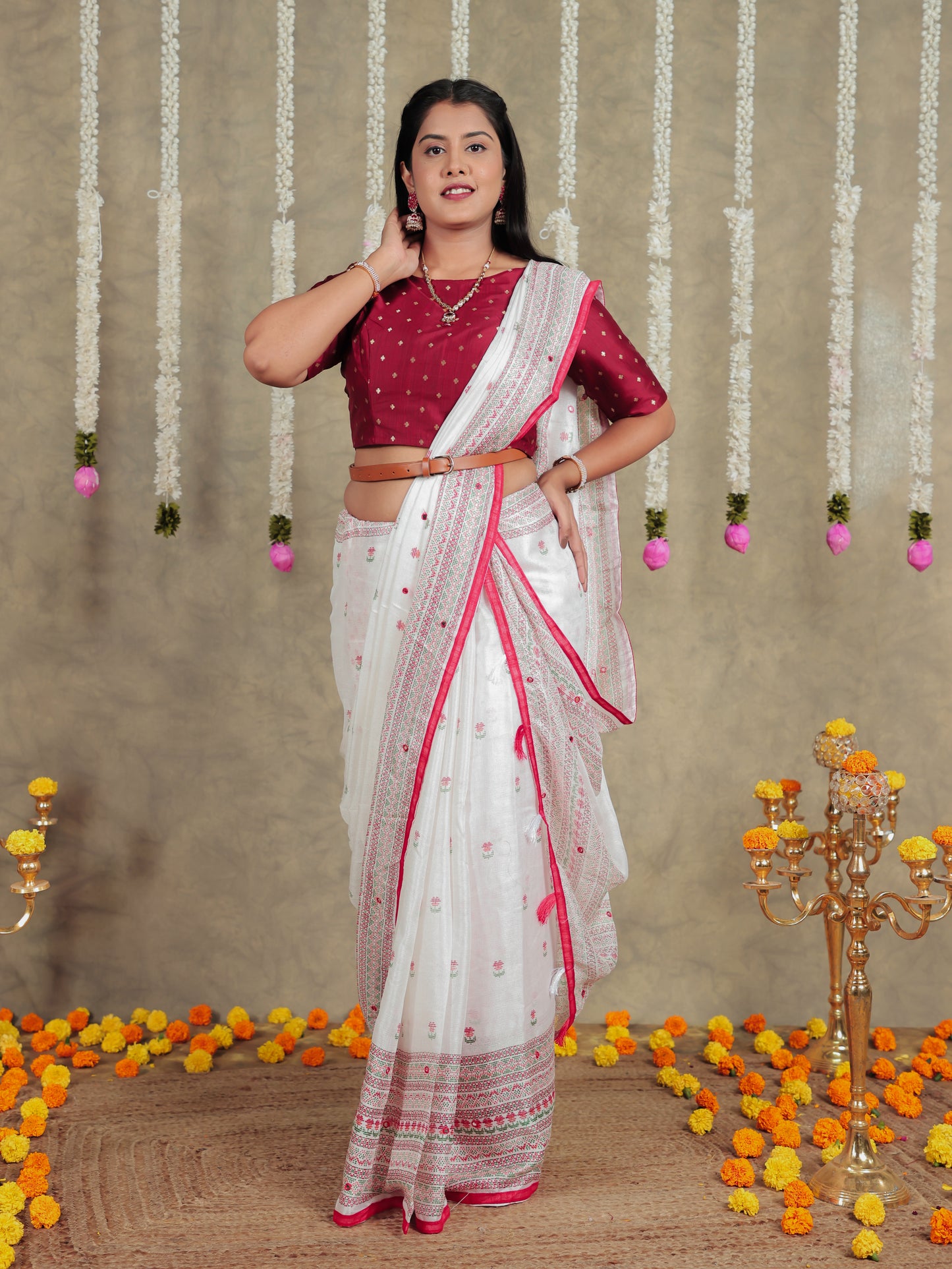 Embroidered Kota Doria Geometric Off White Saree