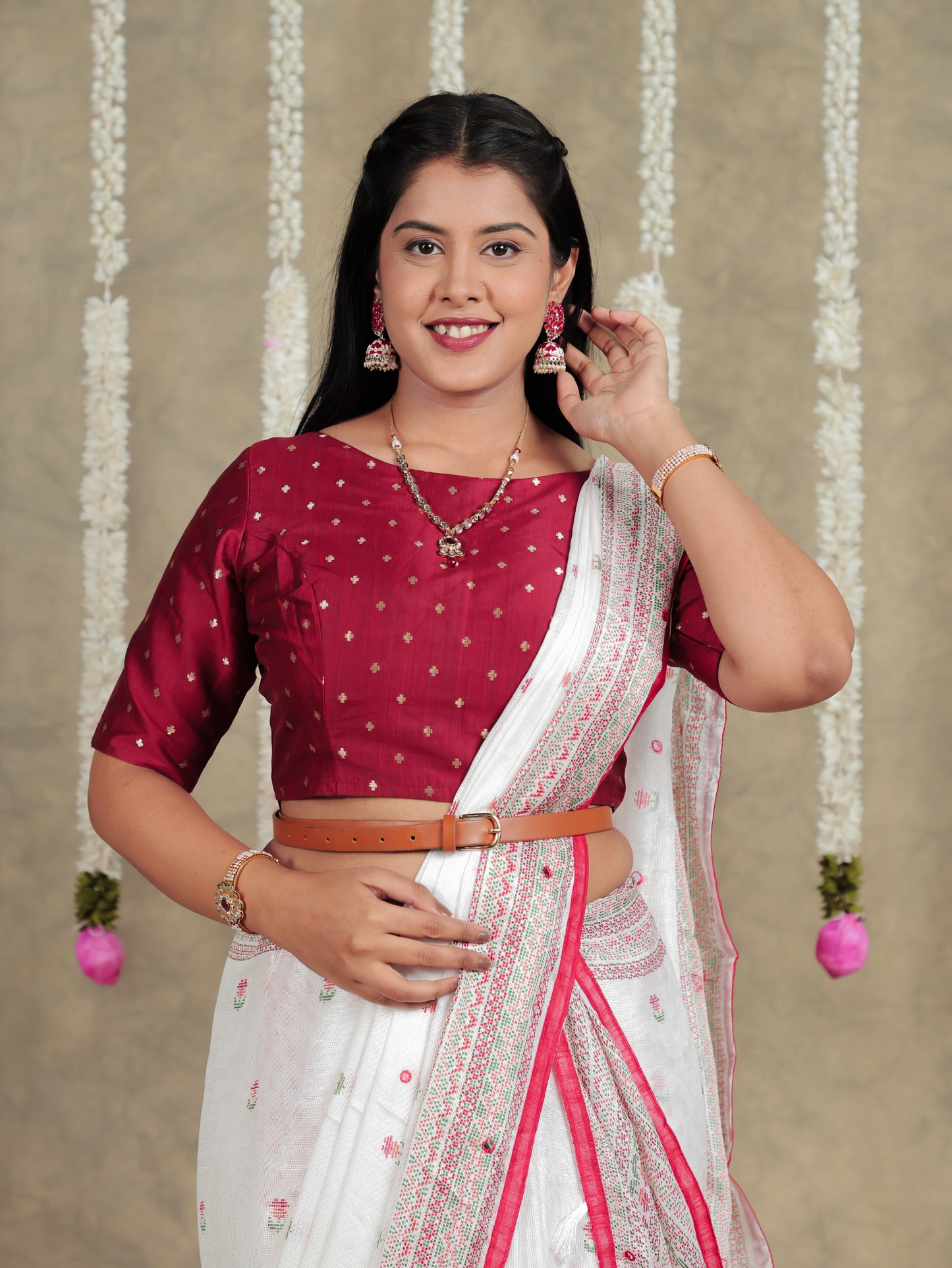 Embroidered Kota Doria Geometric Off White Saree