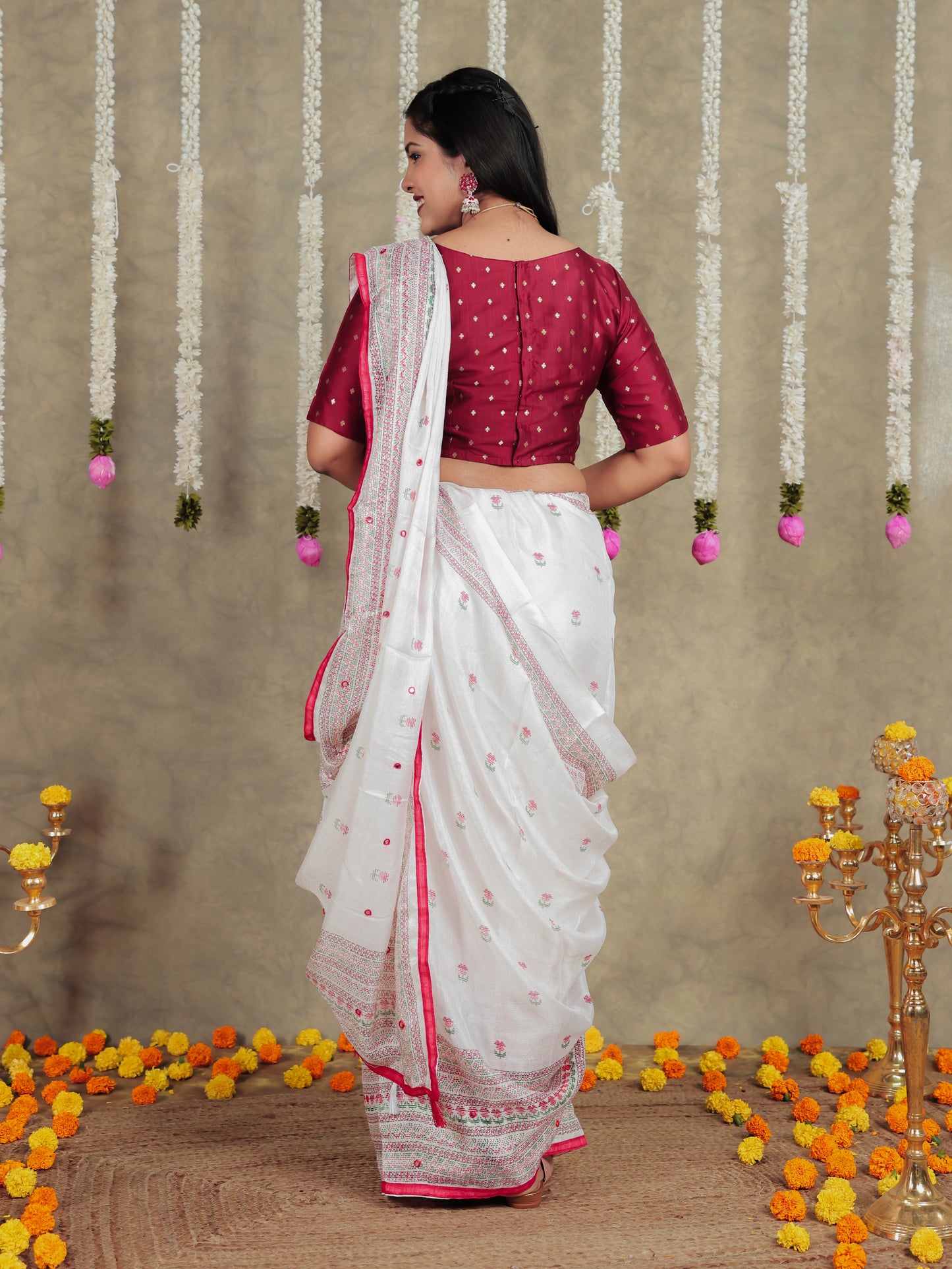 Embroidered Kota Doria Geometric Off White Saree