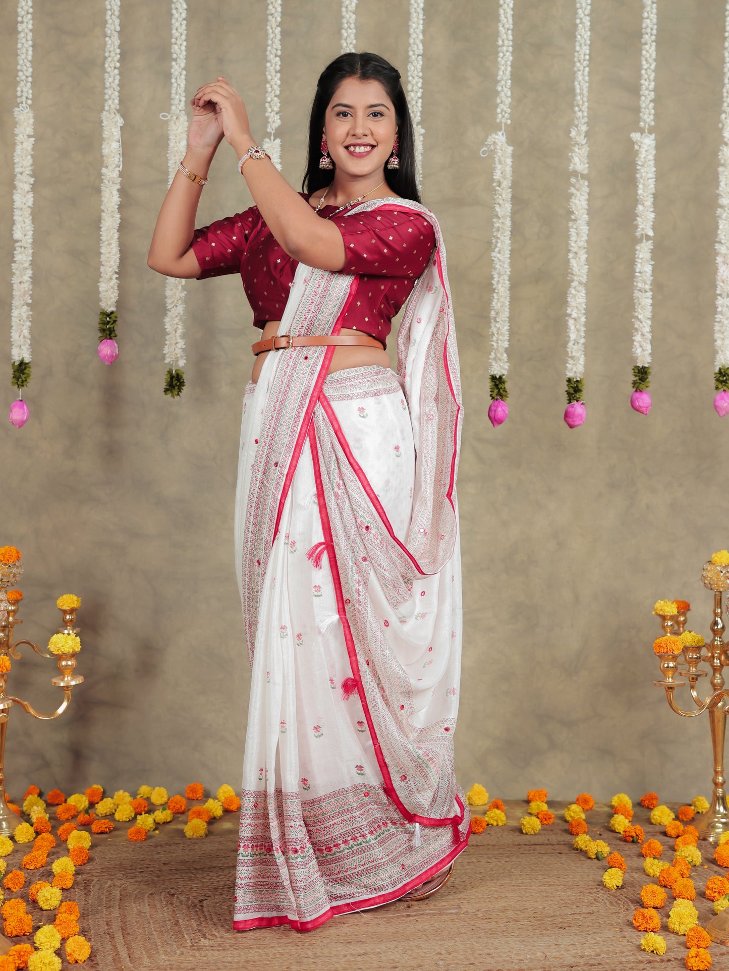 Embroidered Kota Doria Geometric Off White Saree