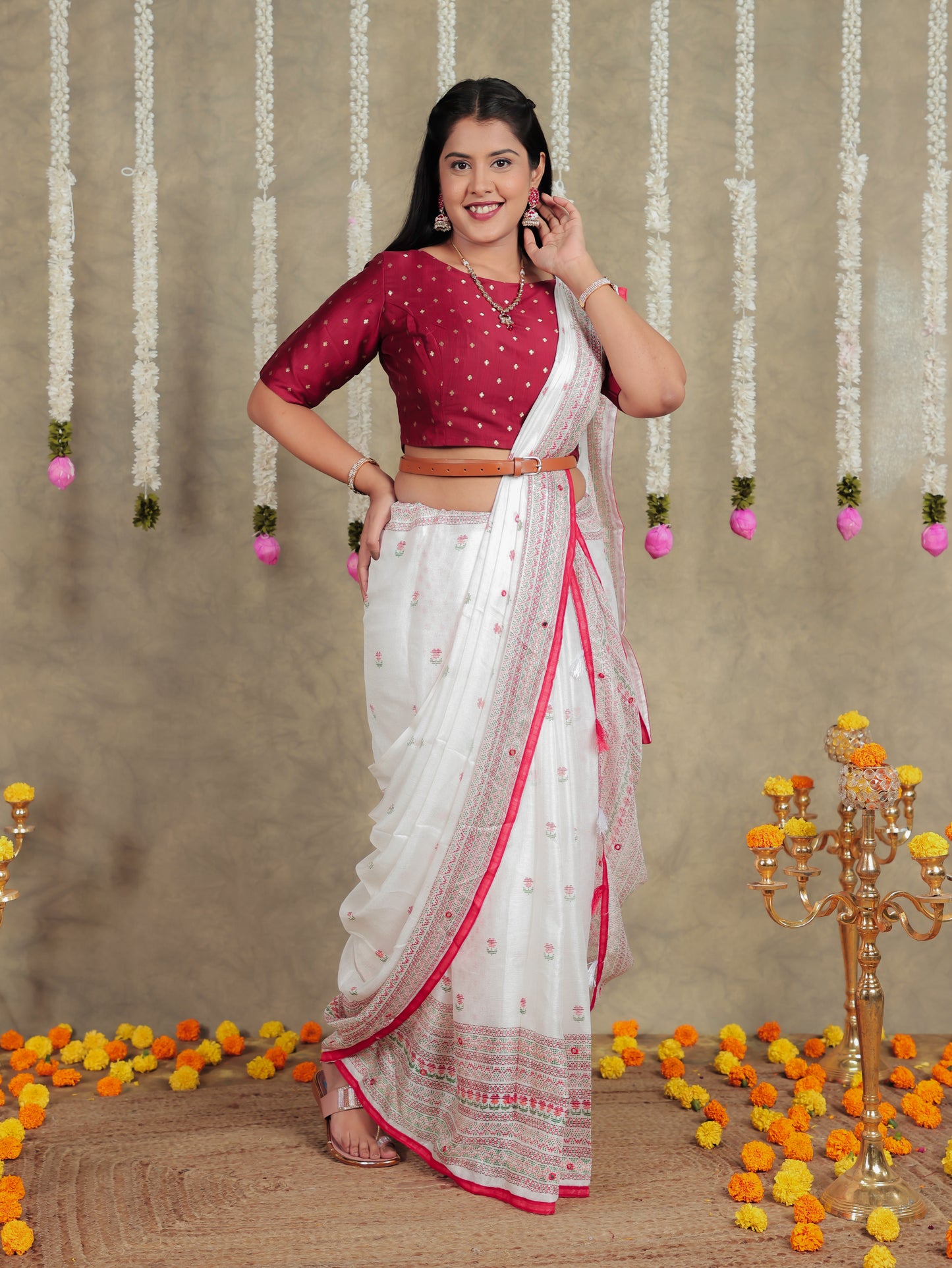 Embroidered Kota Doria Geometric Off White Saree