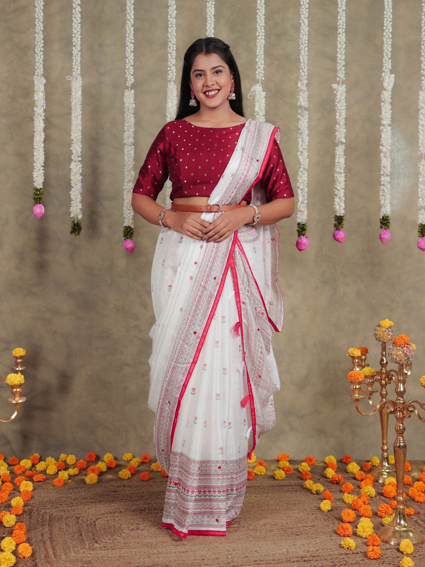 Embroidered Kota Doria Geometric Off White Saree