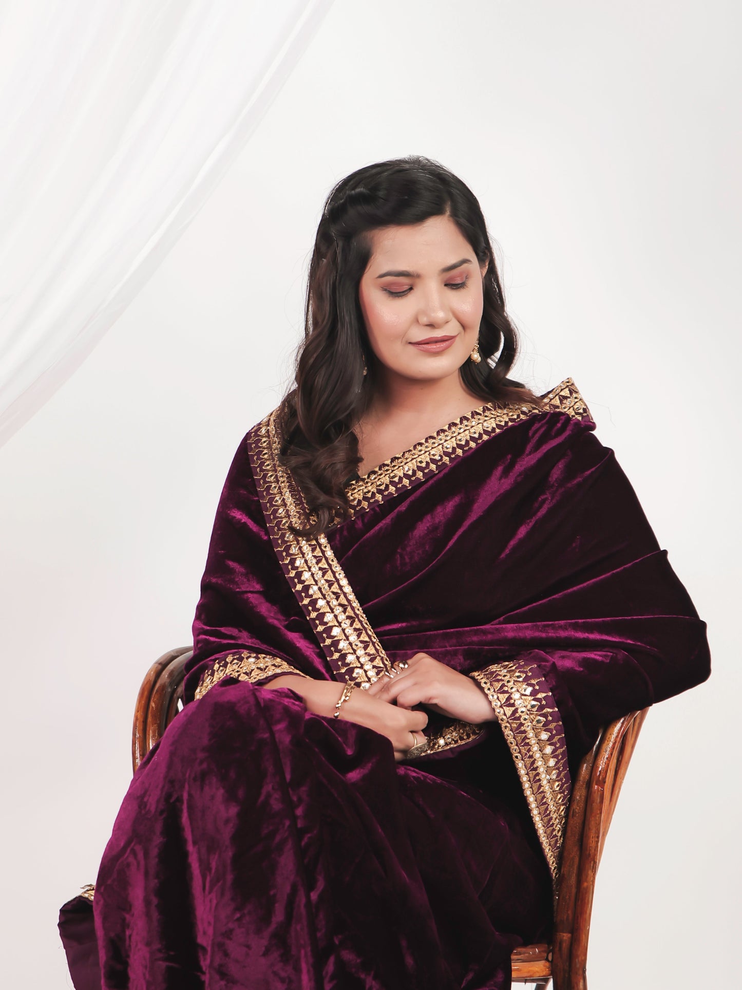 Embroidered Velvet Burgundy Saree