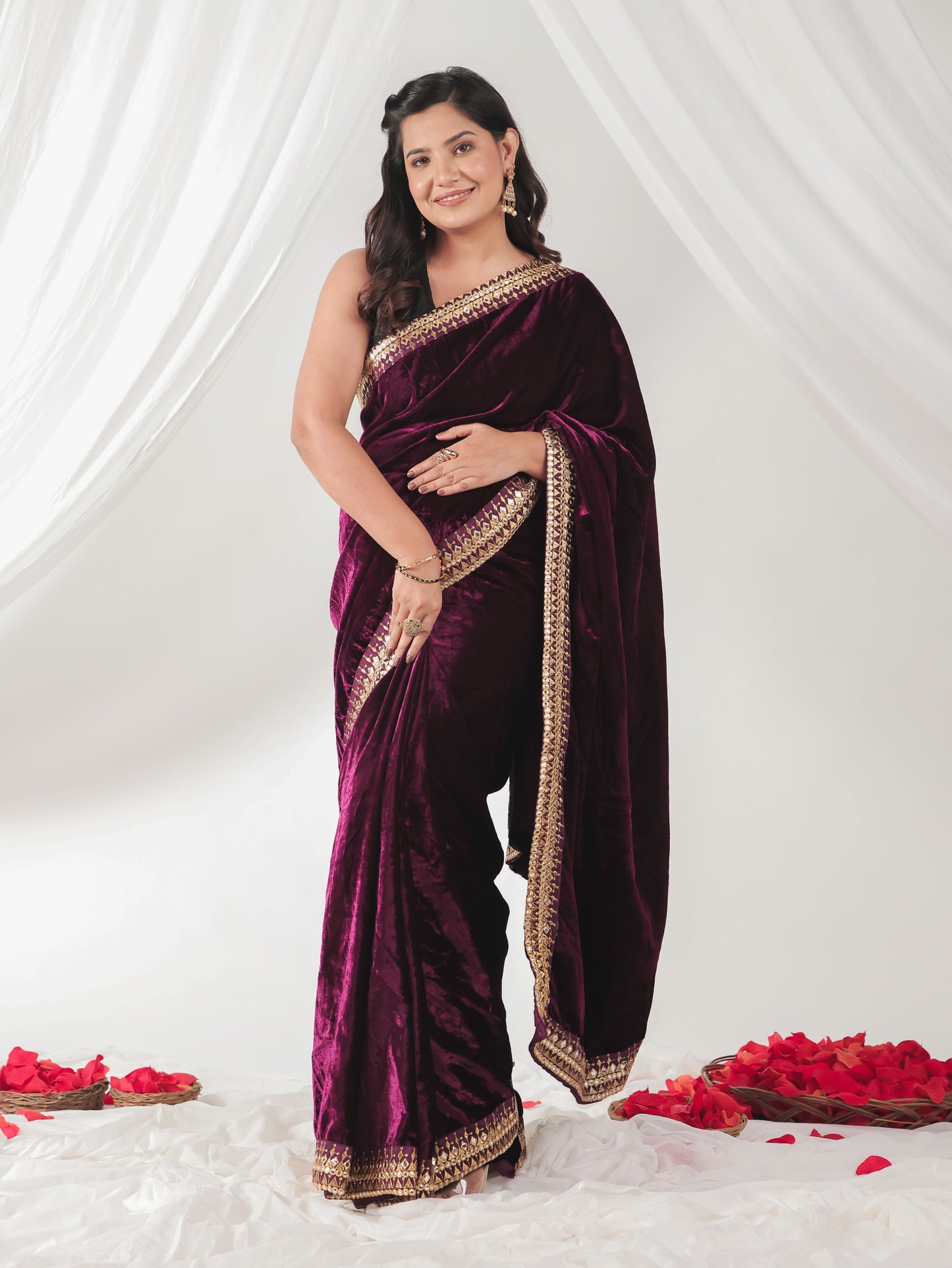 Embroidered Velvet Burgundy Saree