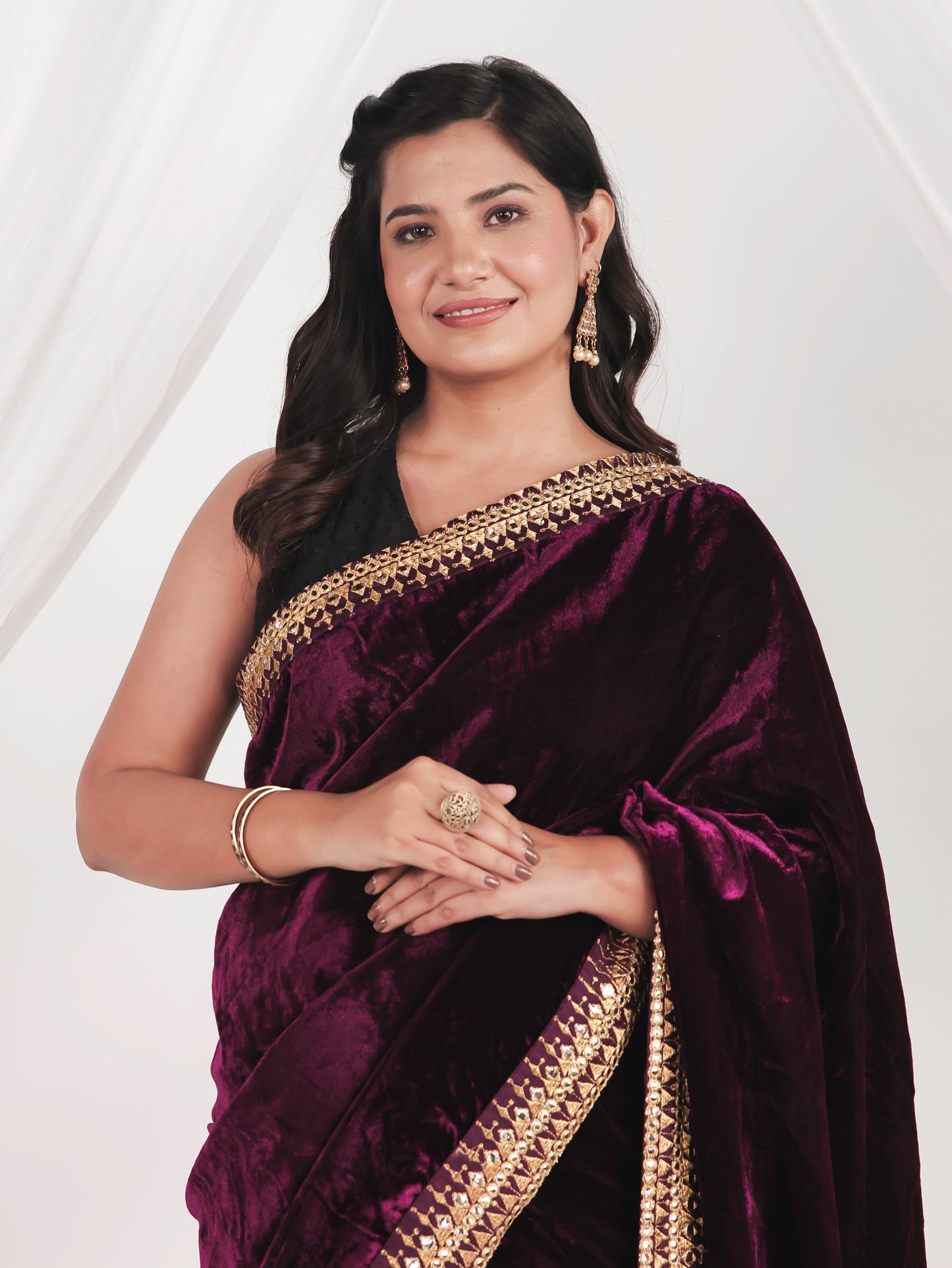 Embroidered Velvet Burgundy Saree