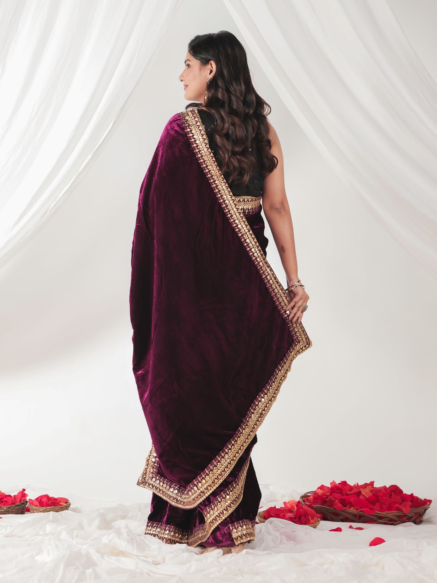Embroidered Velvet Burgundy Saree