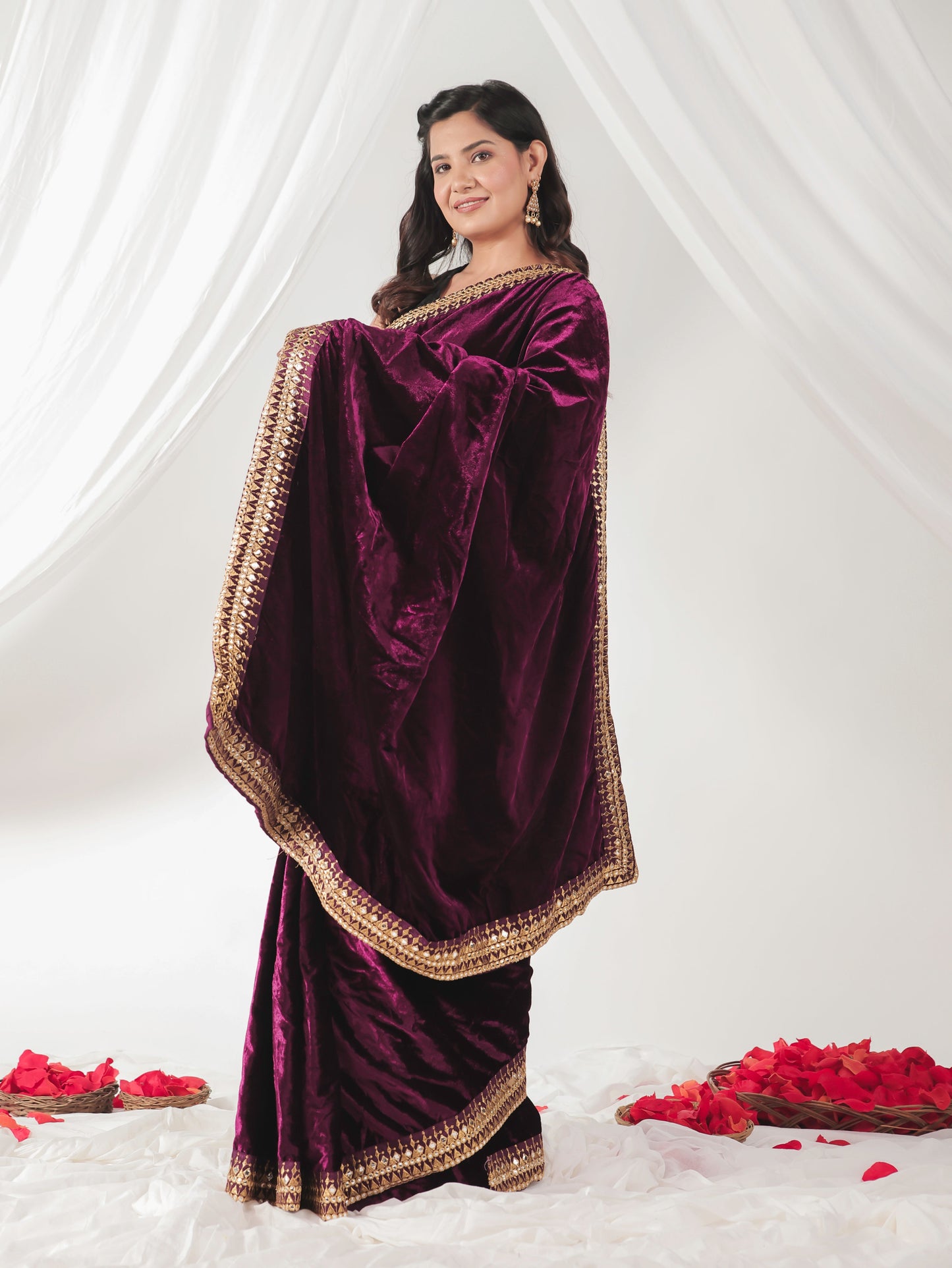 Embroidered Velvet Burgundy Saree