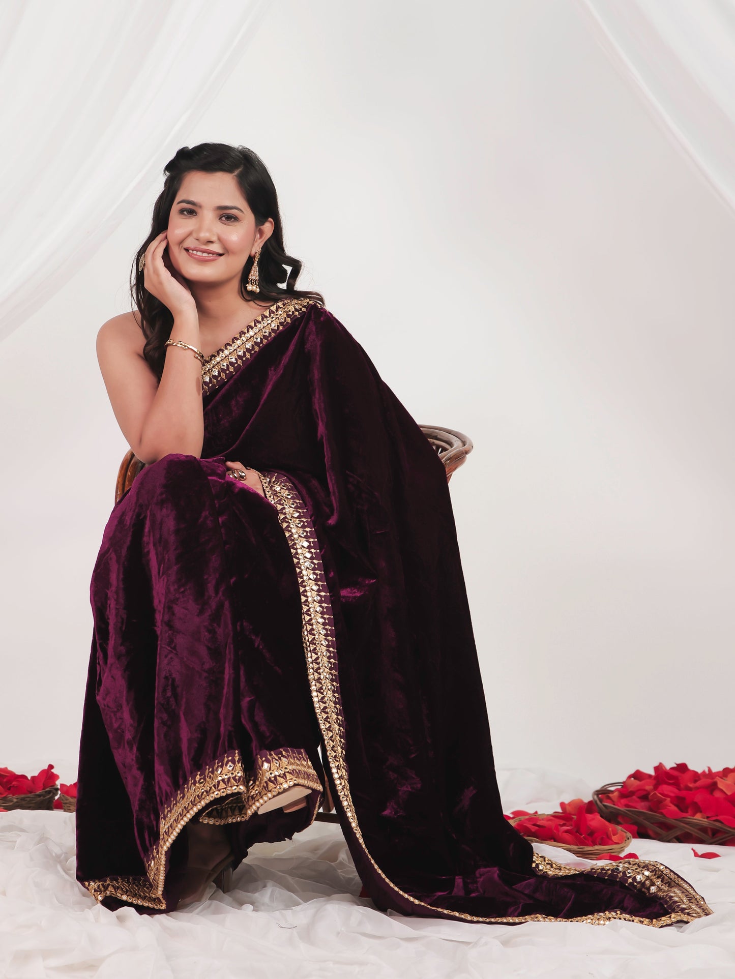 Embroidered Velvet Burgundy Saree