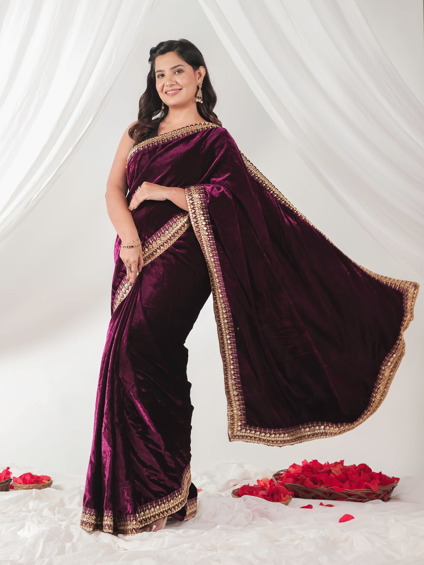 Embroidered Velvet Burgundy Saree