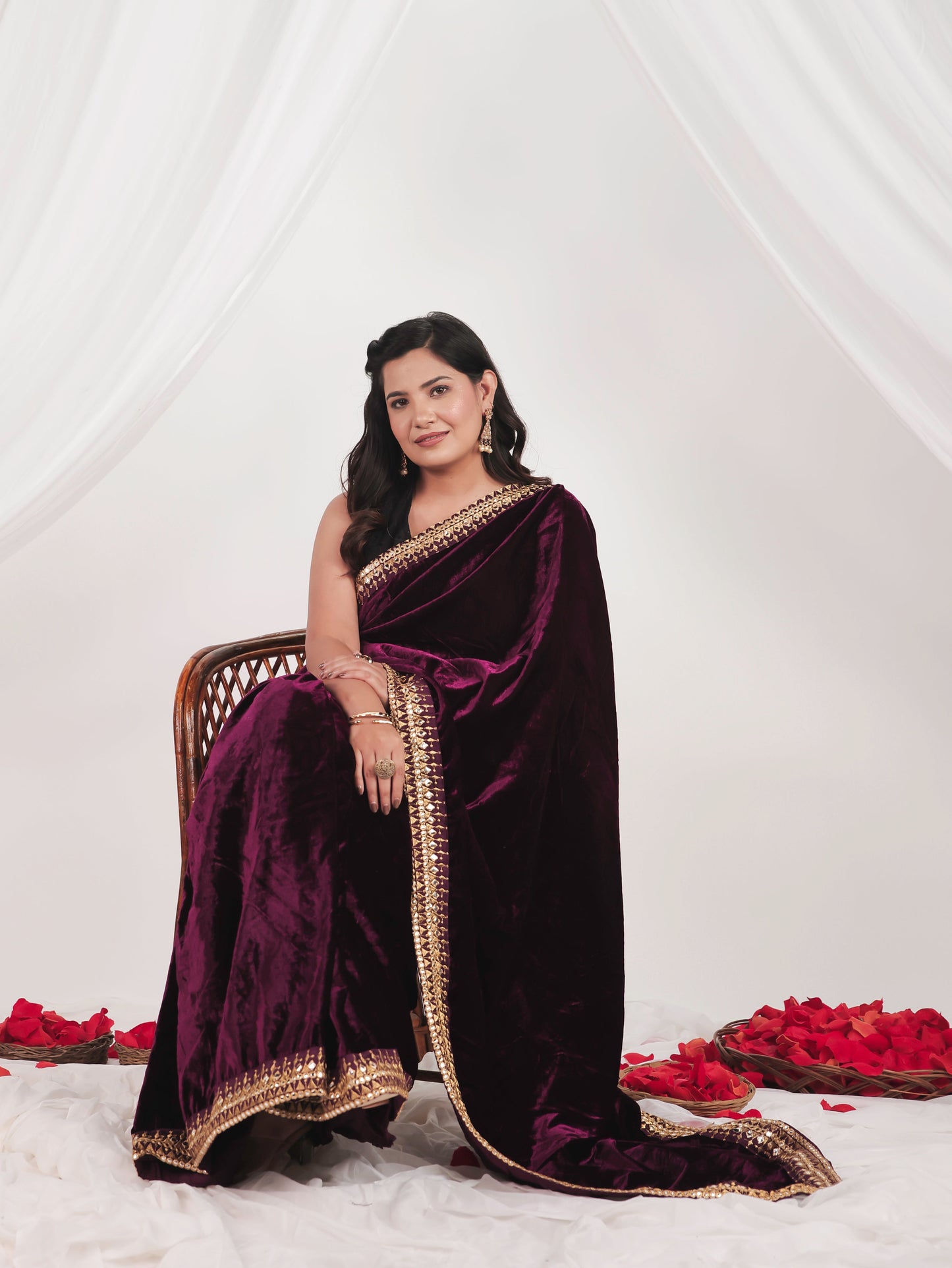 Embroidered Velvet Burgundy Saree