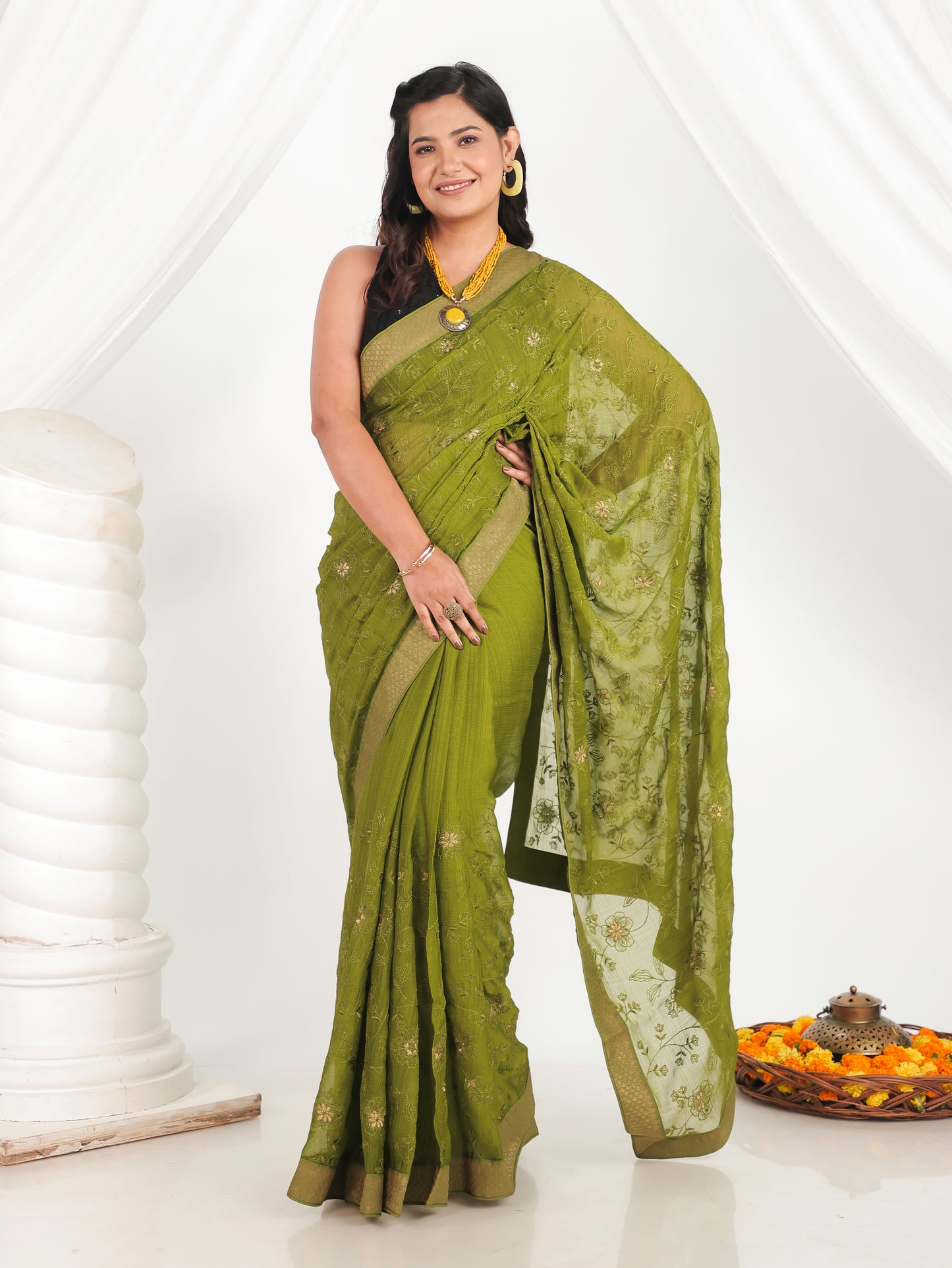Embroidered Chanderi Green Saree