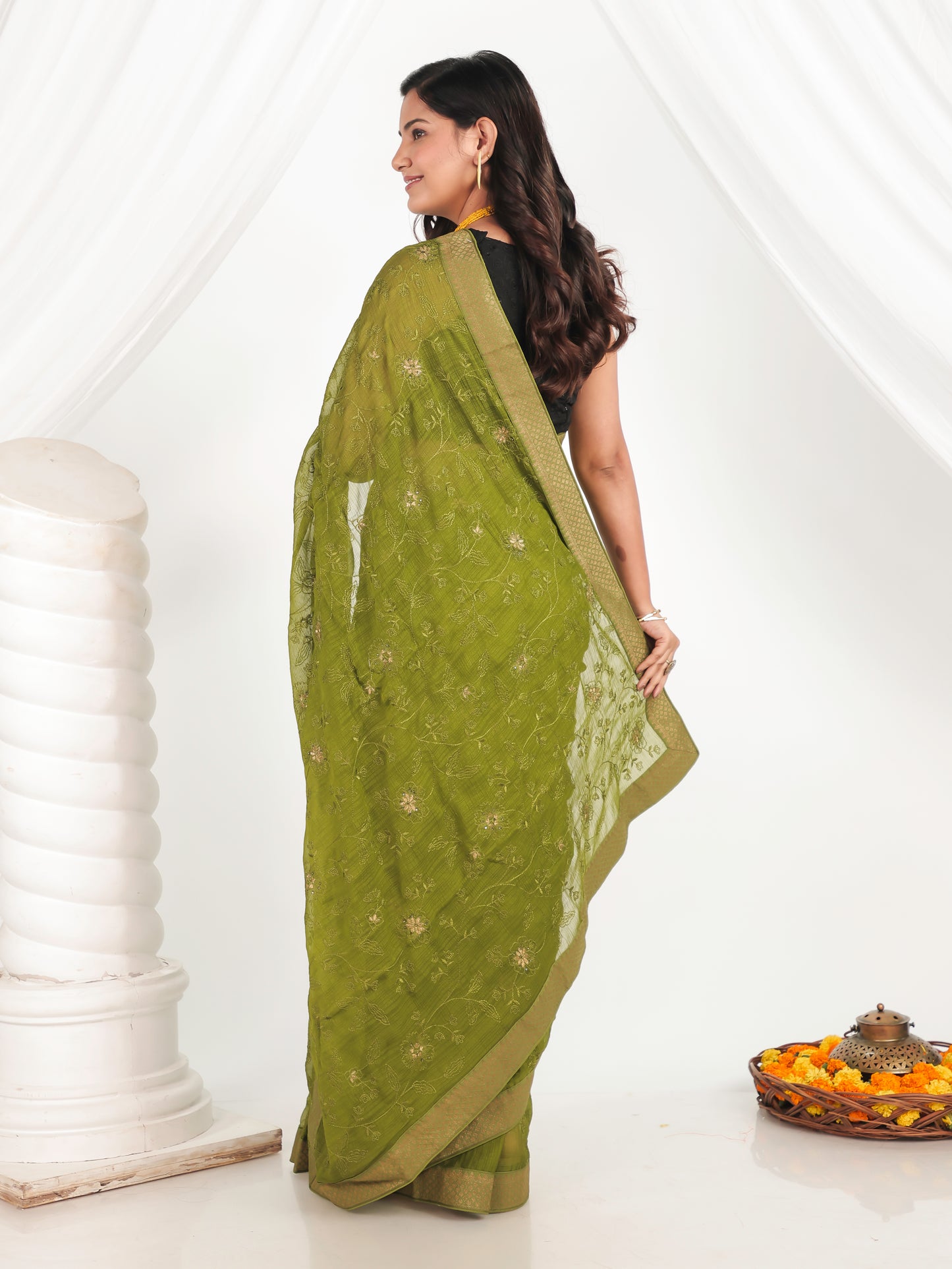 Embroidered Chanderi Green Saree