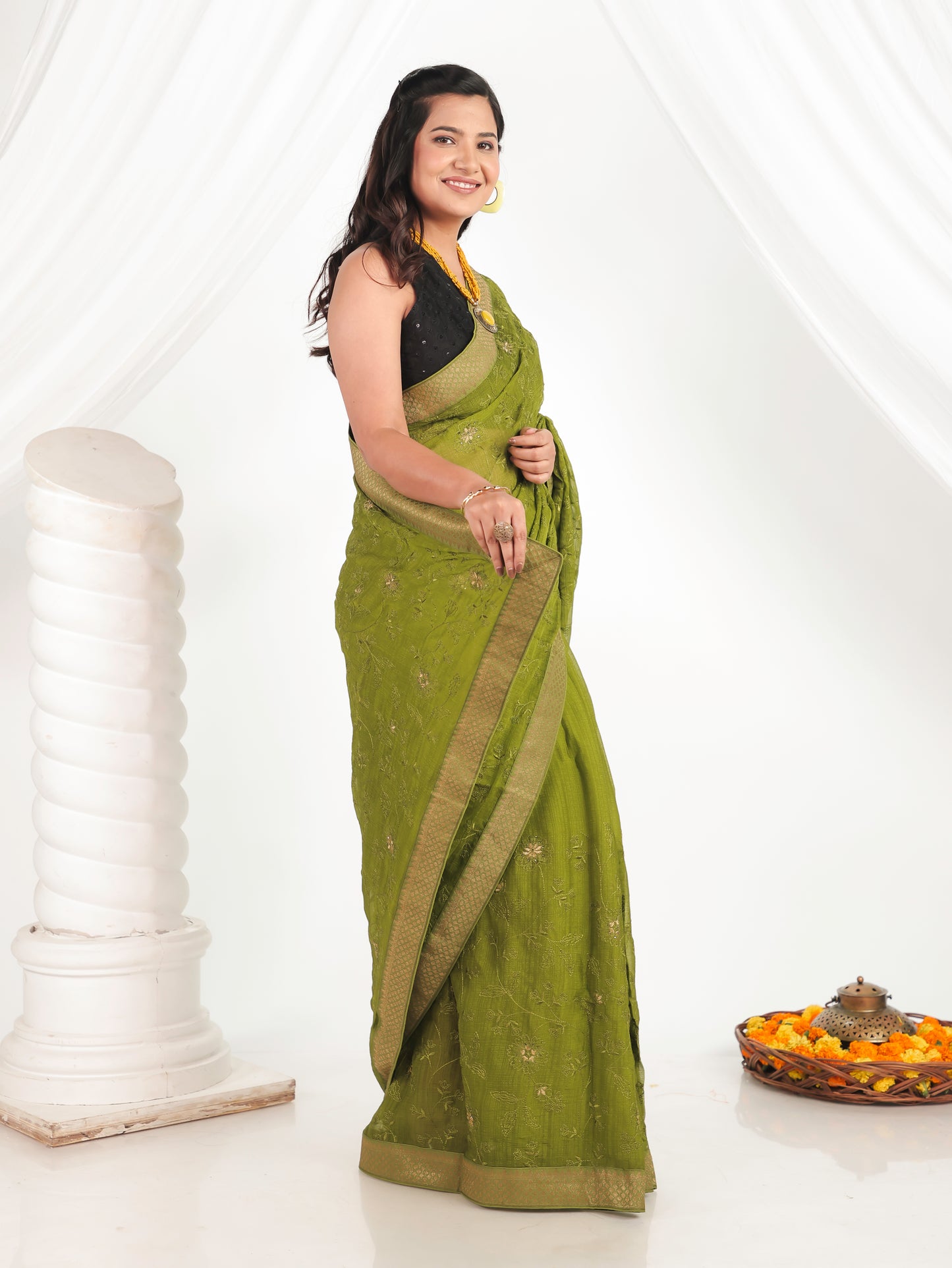 Embroidered Chanderi Green Saree