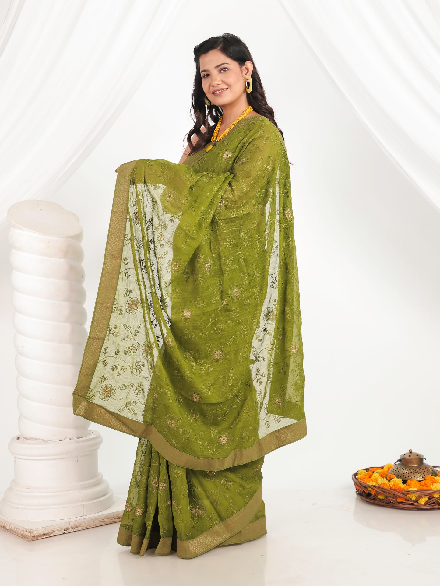 Embroidered Chanderi Green Saree