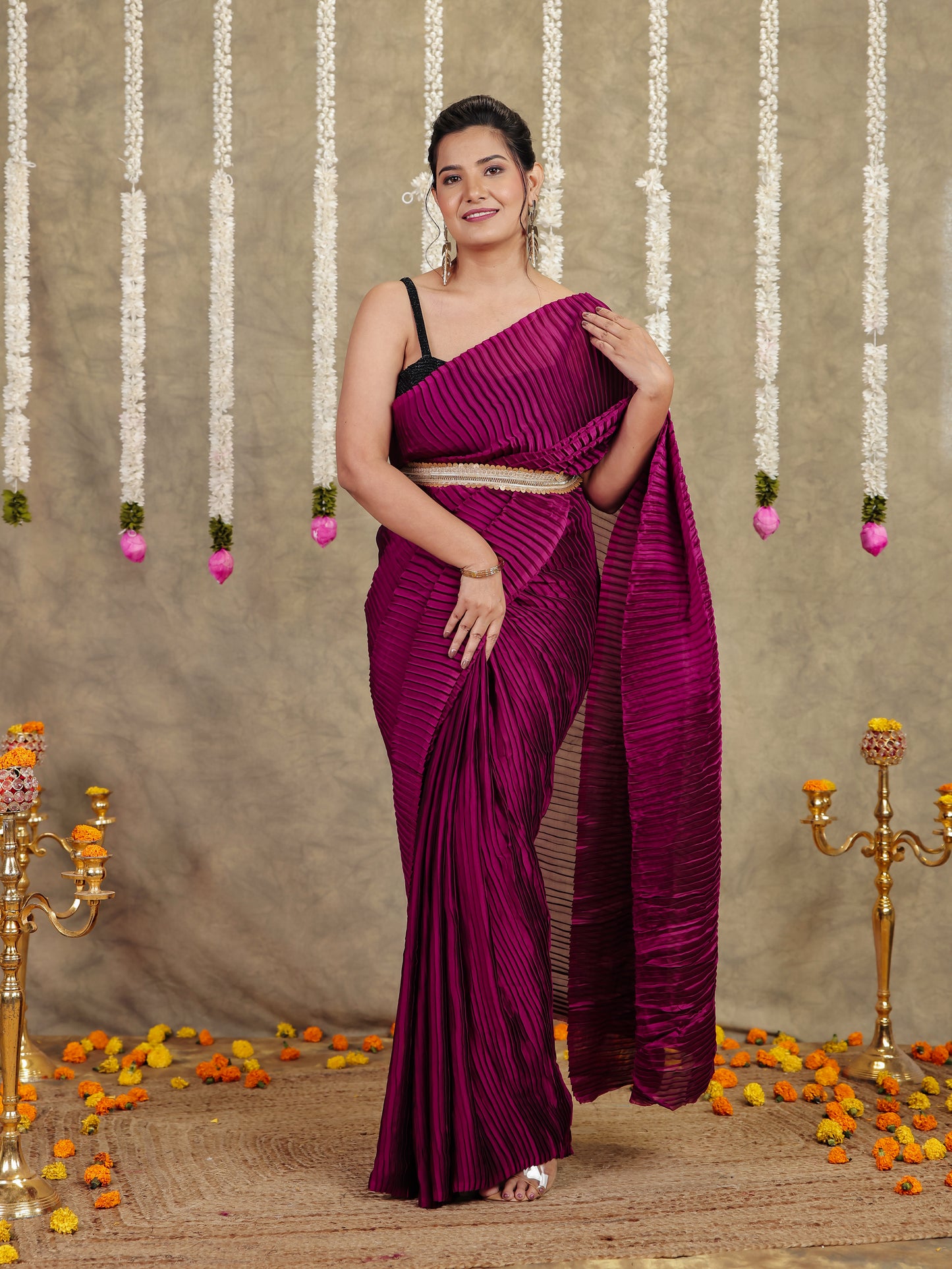 Pleated Chiffon Solid Burgundy Saree