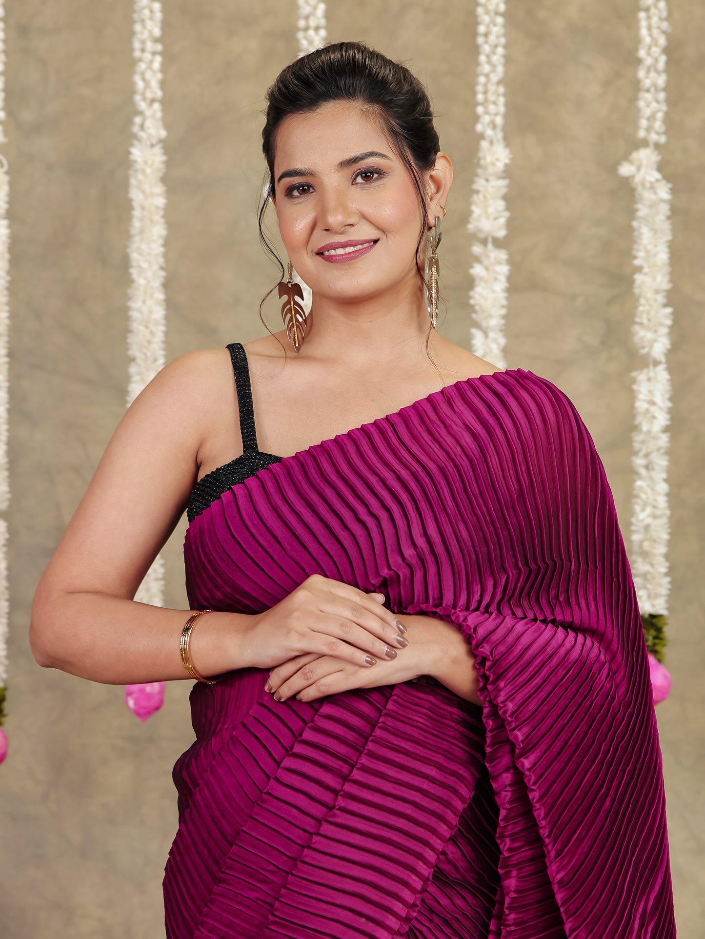 Pleated Chiffon Solid Burgundy Saree