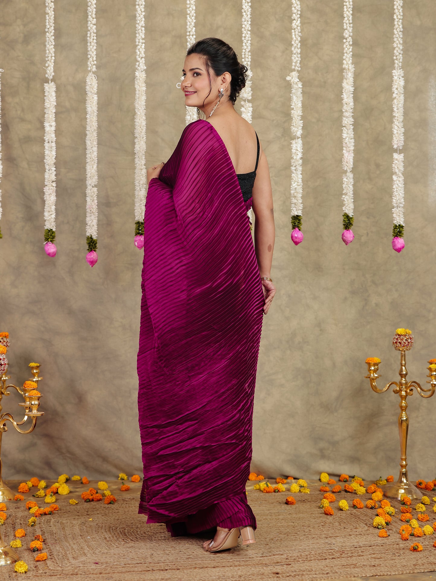 Pleated Chiffon Solid Burgundy Saree