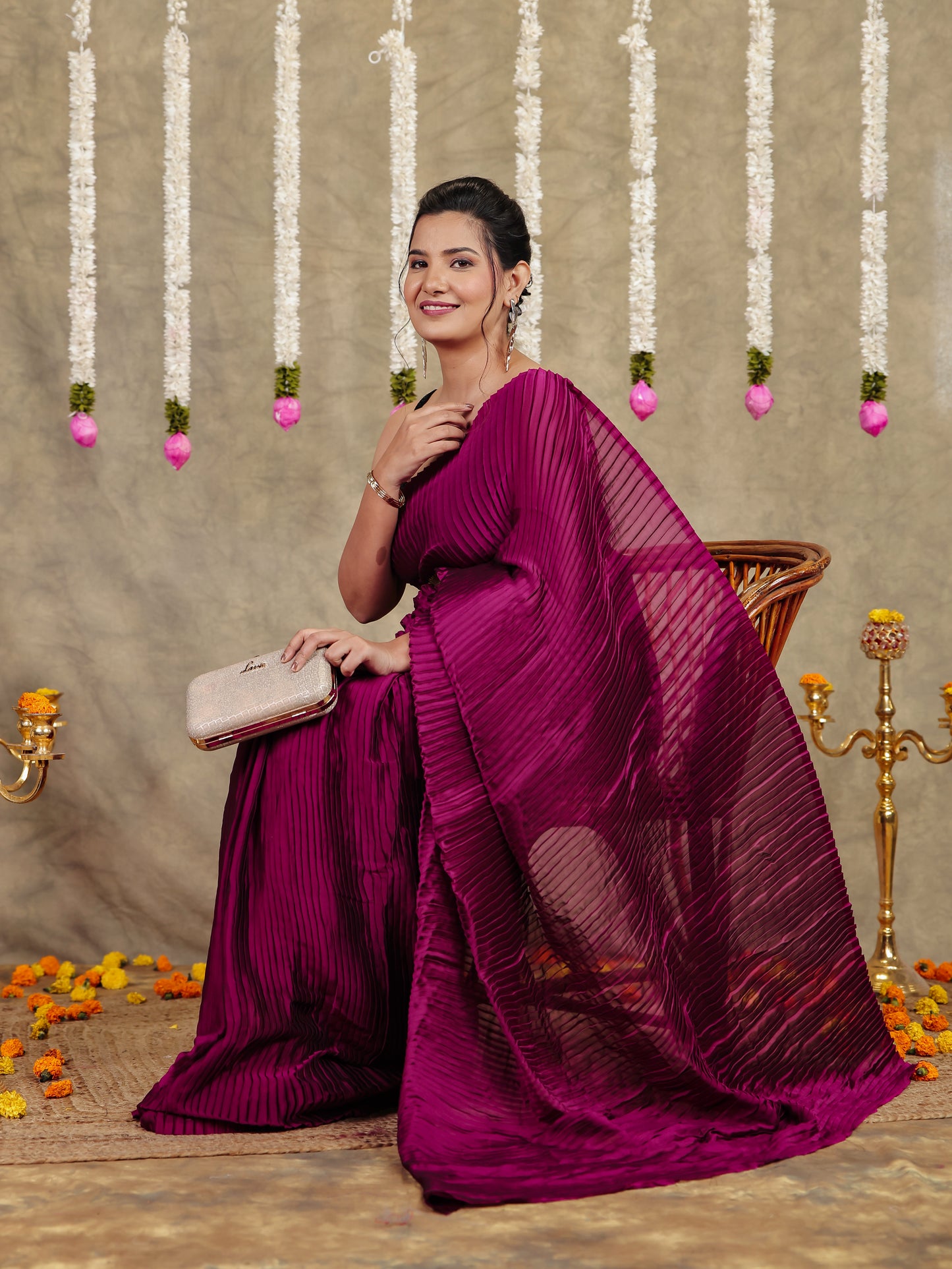 Pleated Chiffon Solid Burgundy Saree
