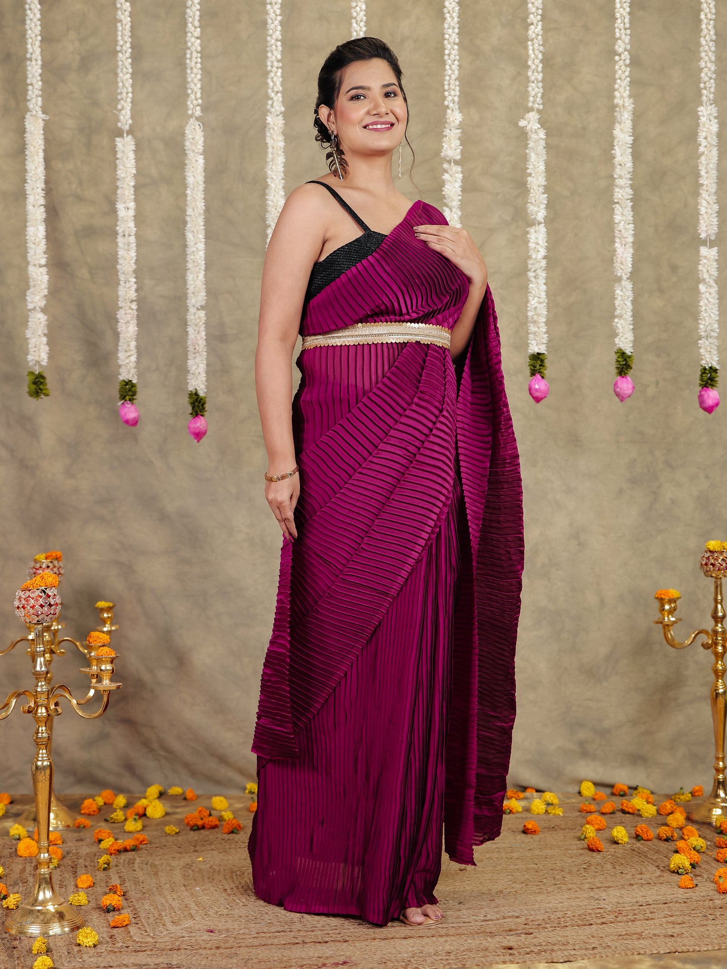 Pleated Chiffon Solid Burgundy Saree