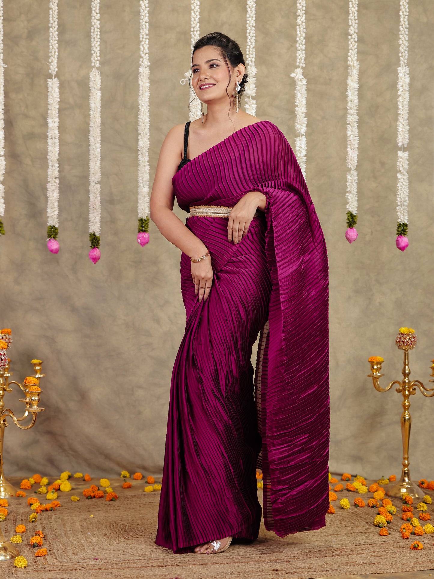 Pleated Chiffon Solid Burgundy Saree