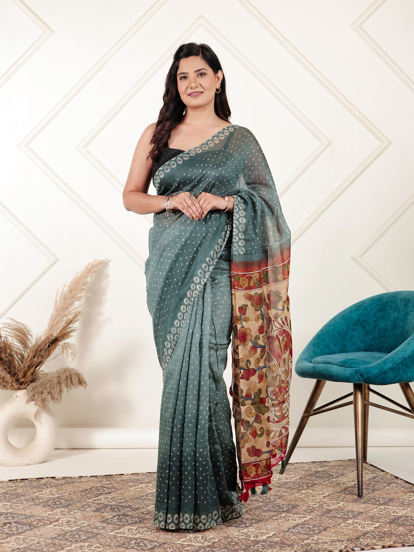 Cotton Silk Bandhani Teal Saree