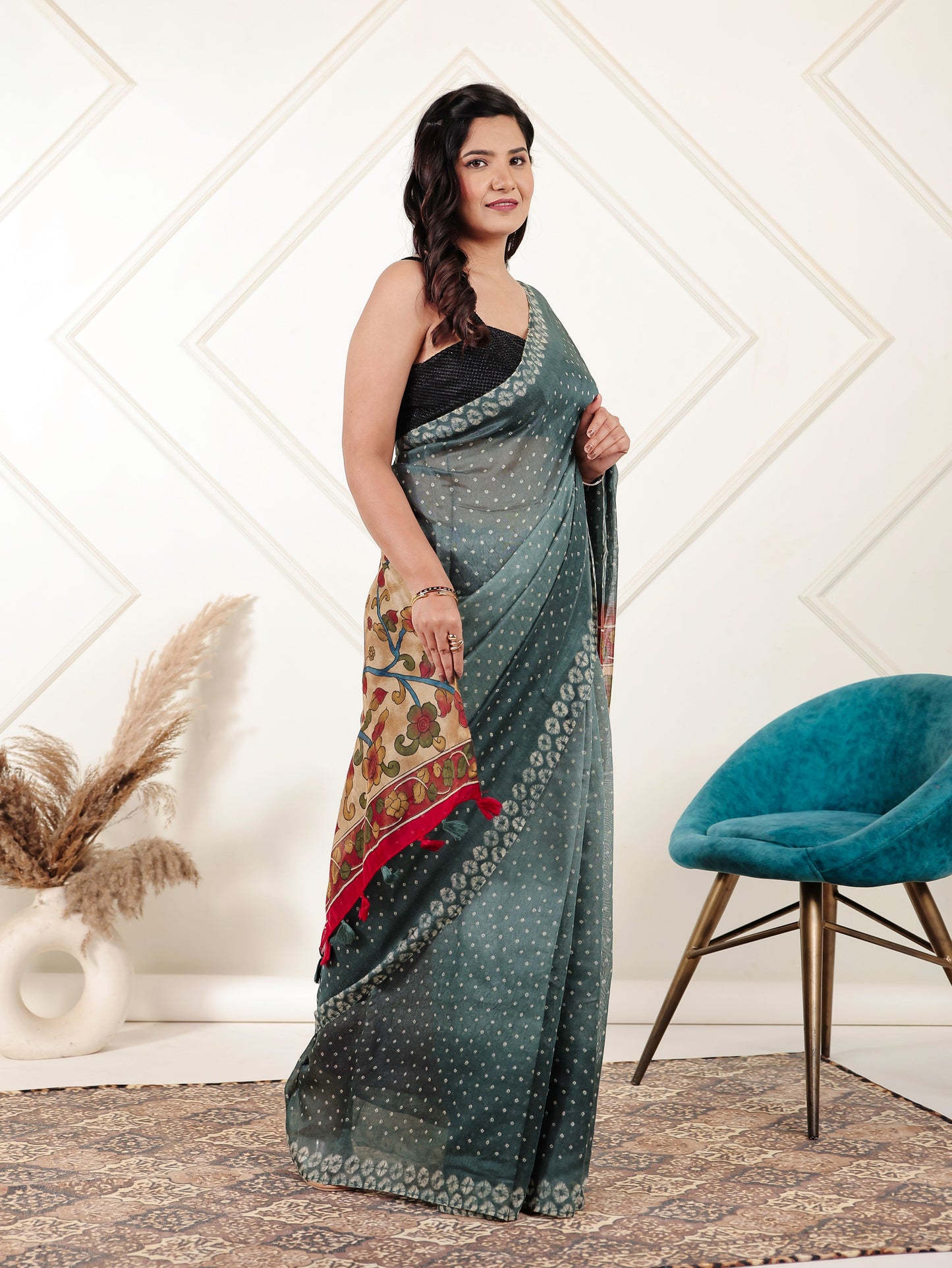 Cotton Silk Bandhani Teal Saree