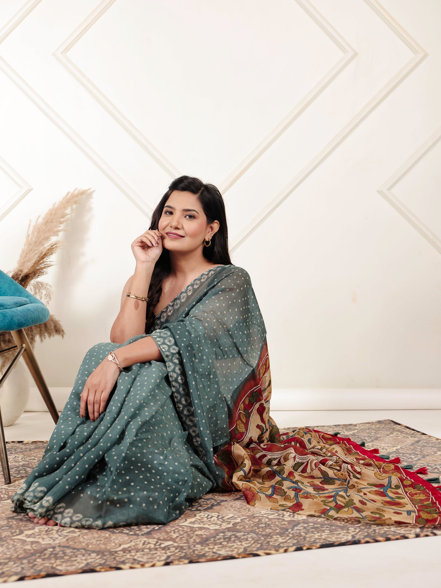 Cotton Silk Bandhani Teal Saree