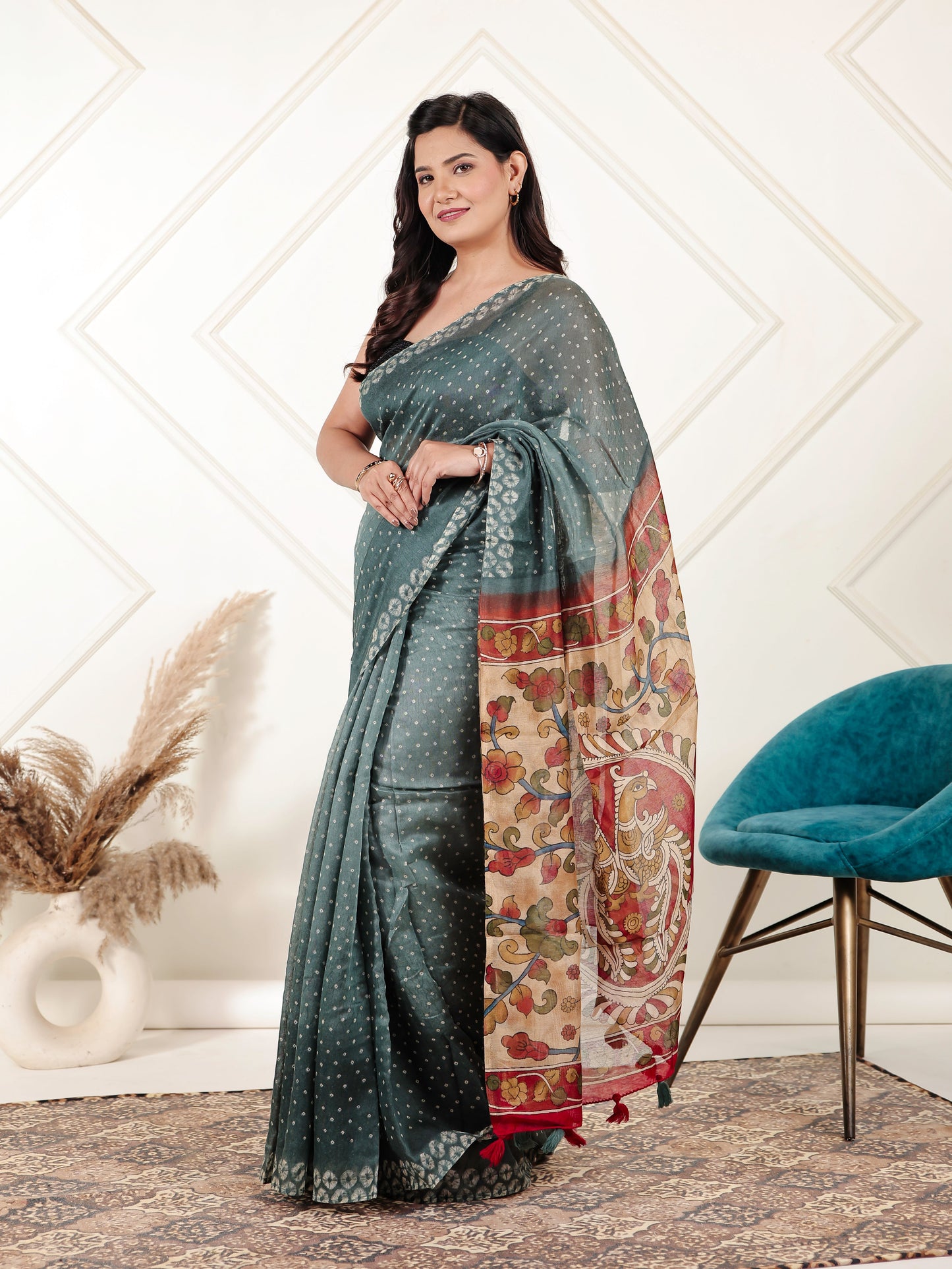 Cotton Silk Bandhani Teal Saree