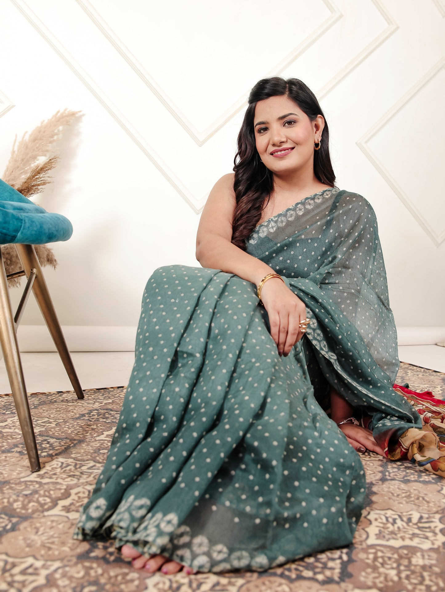 Cotton Silk Bandhani Teal Saree