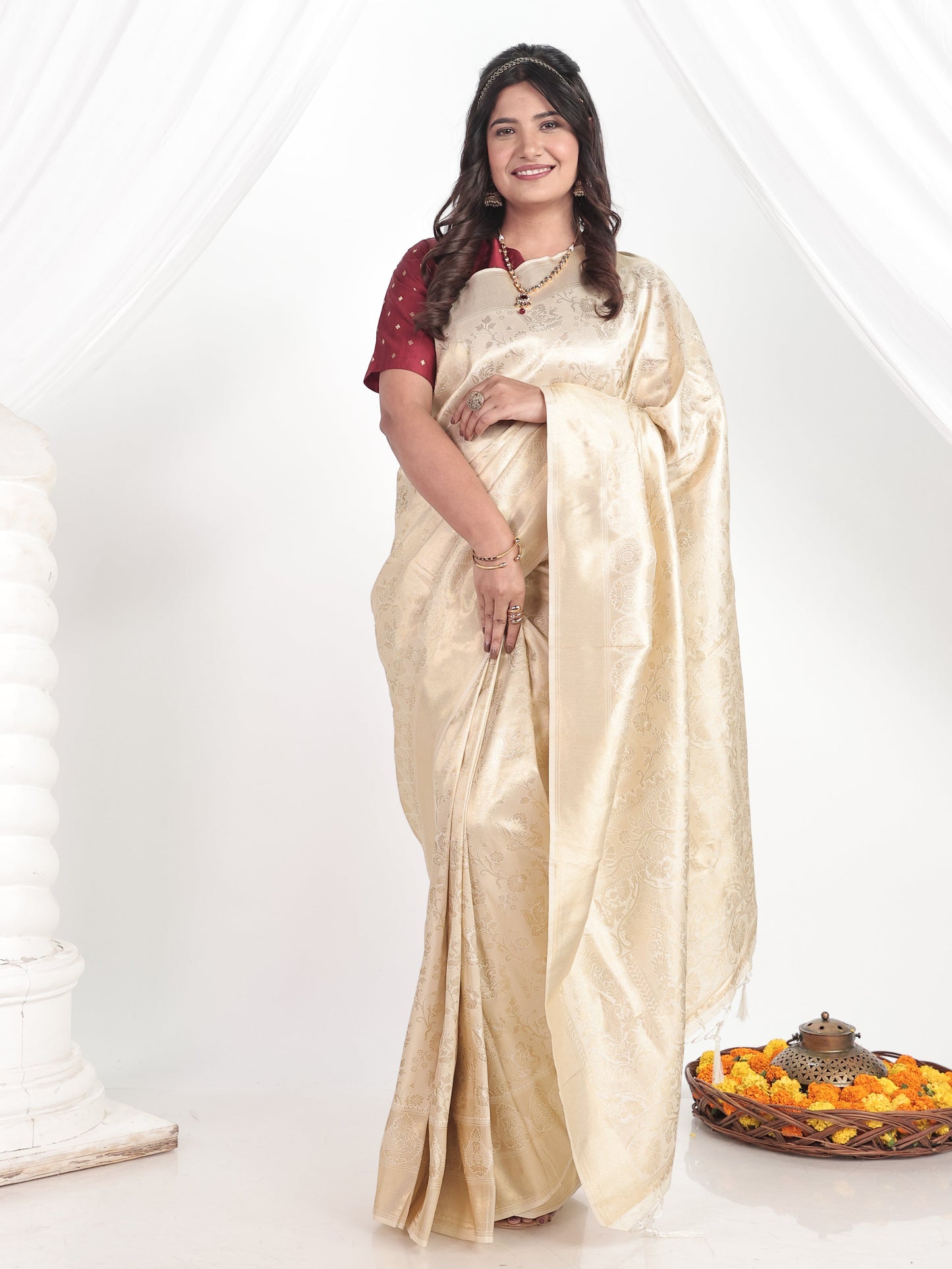 Self Design Brocade Saree Beige Saree