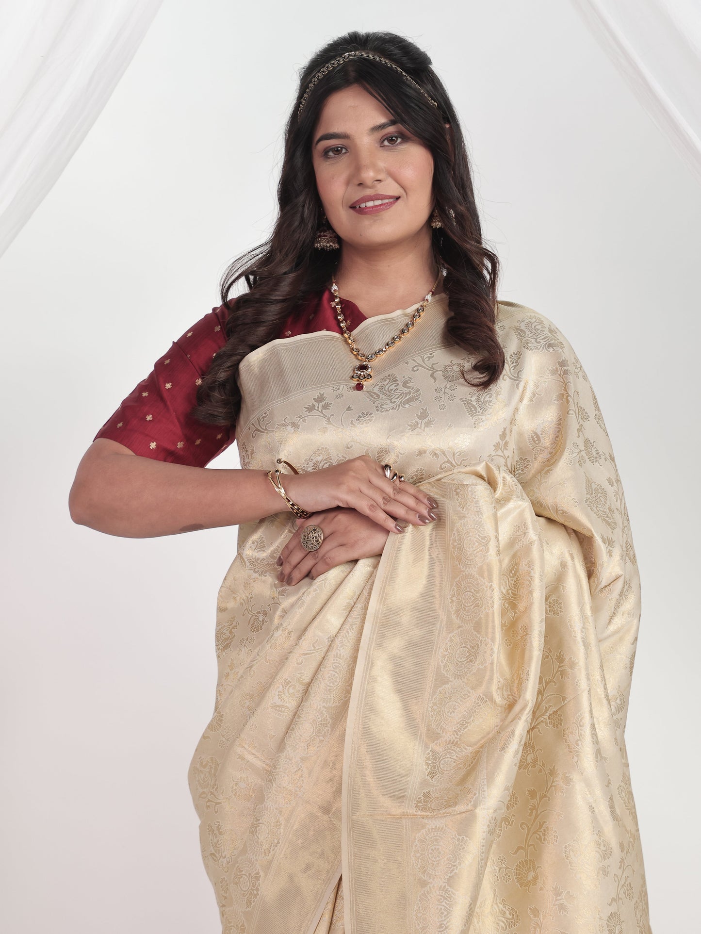 Self Design Brocade Saree Beige Saree