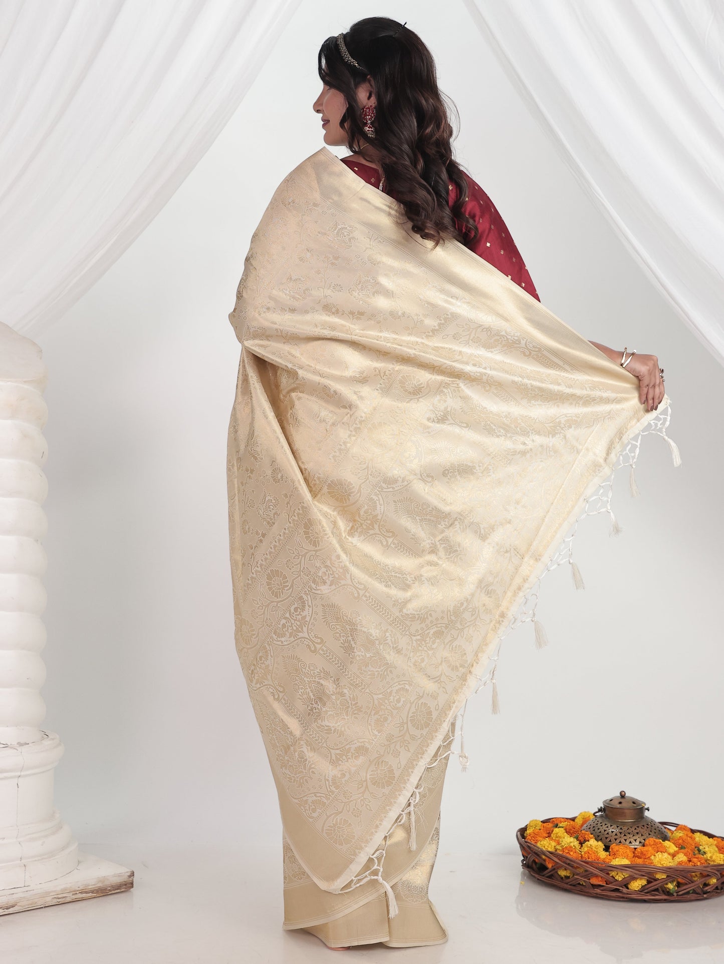 Self Design Brocade Saree Beige Saree