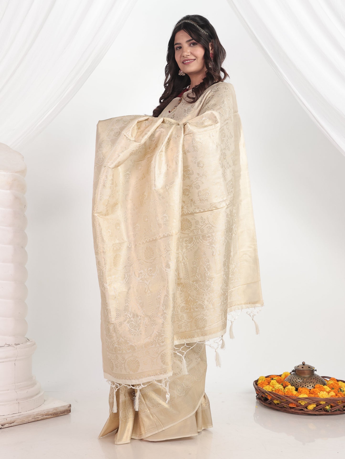 Self Design Brocade Saree Beige Saree