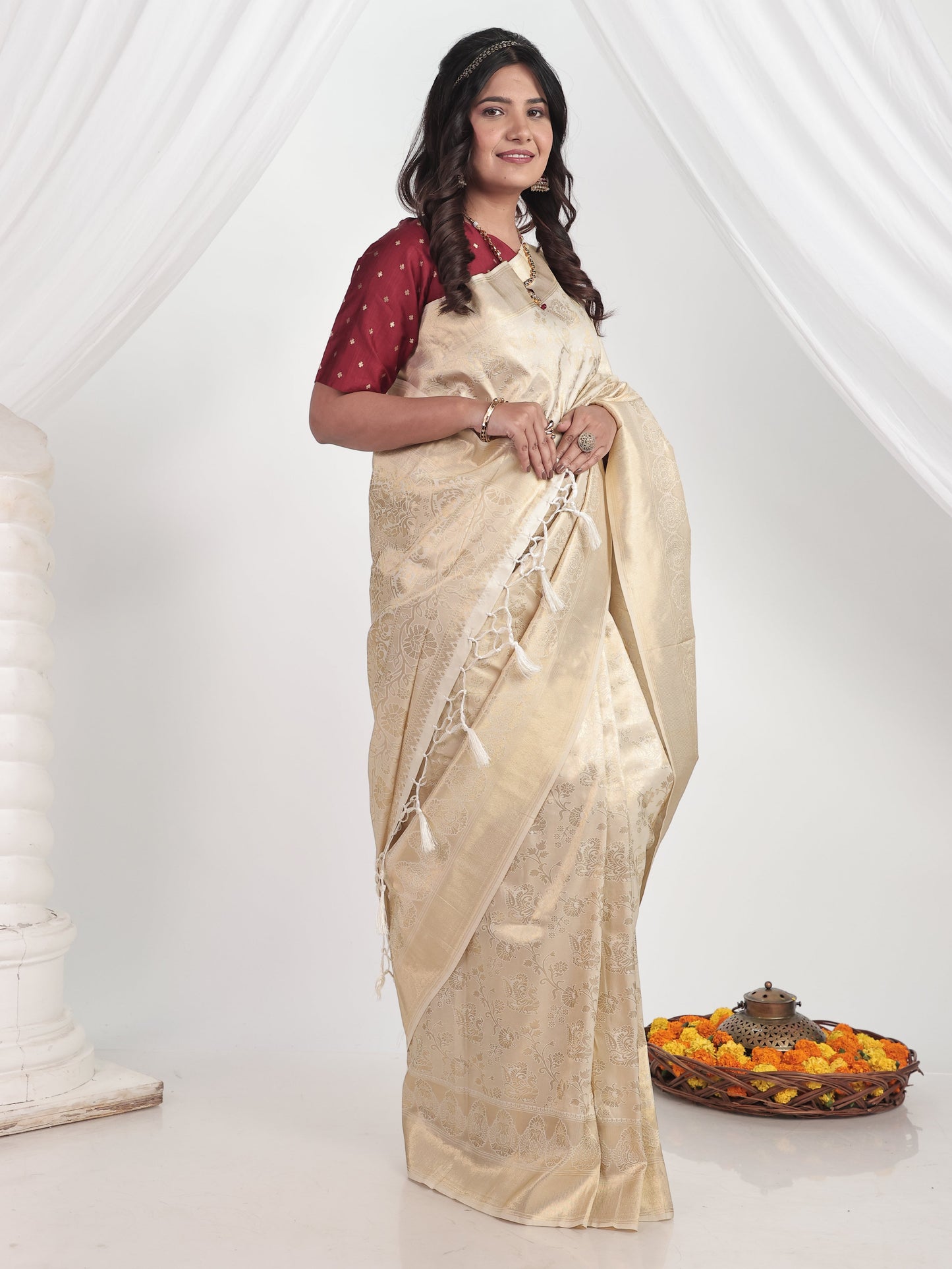 Self Design Brocade Saree Beige Saree