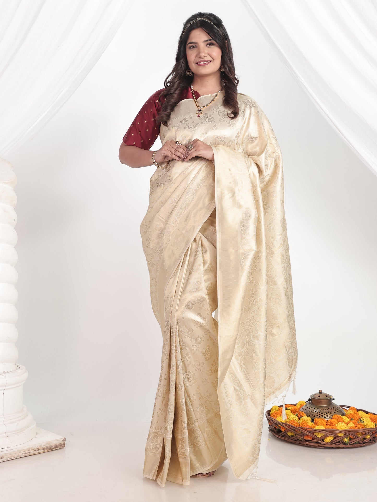 Self Design Brocade Saree Beige Saree