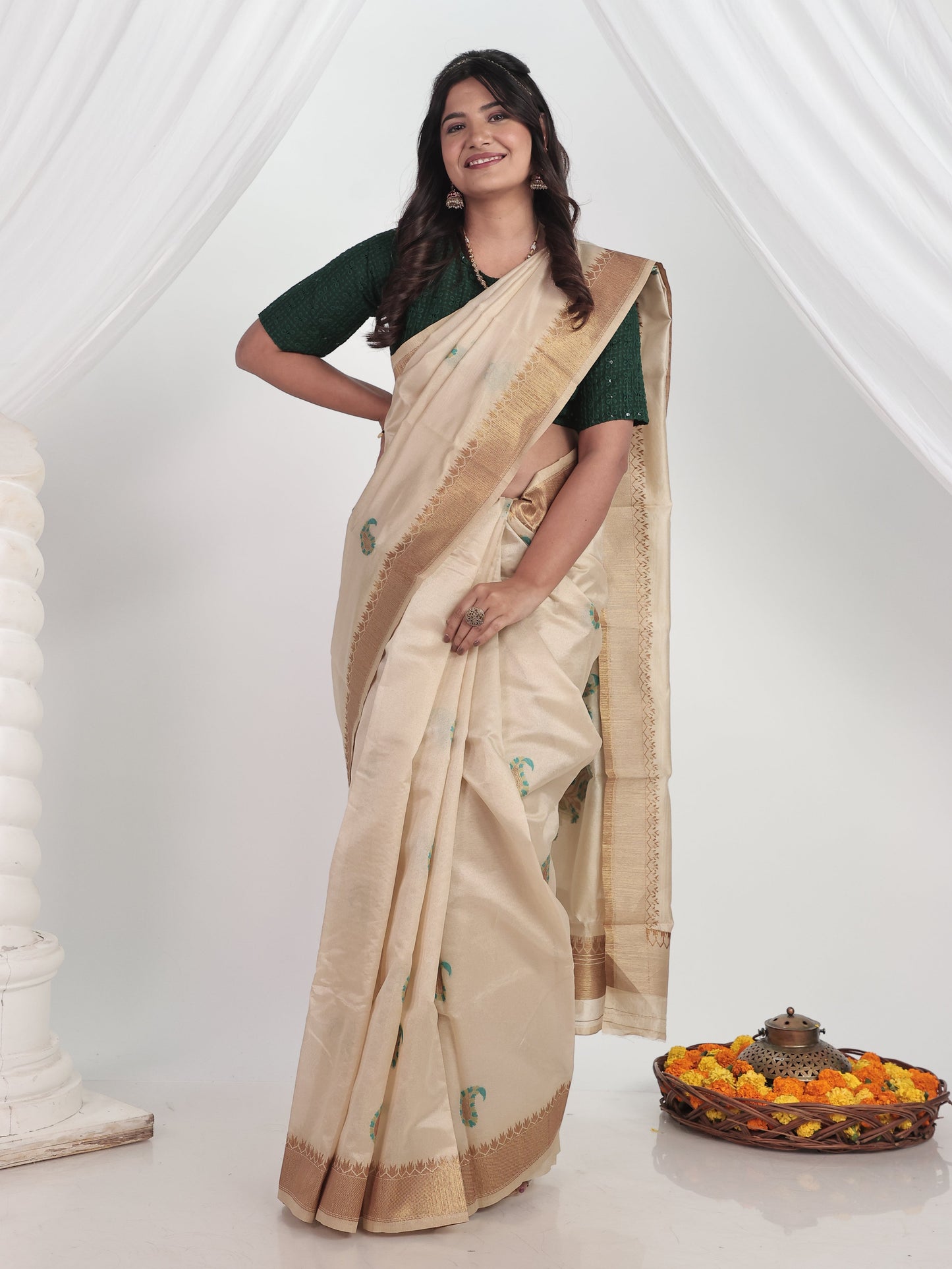 Self Design Chanderi Cream Saree